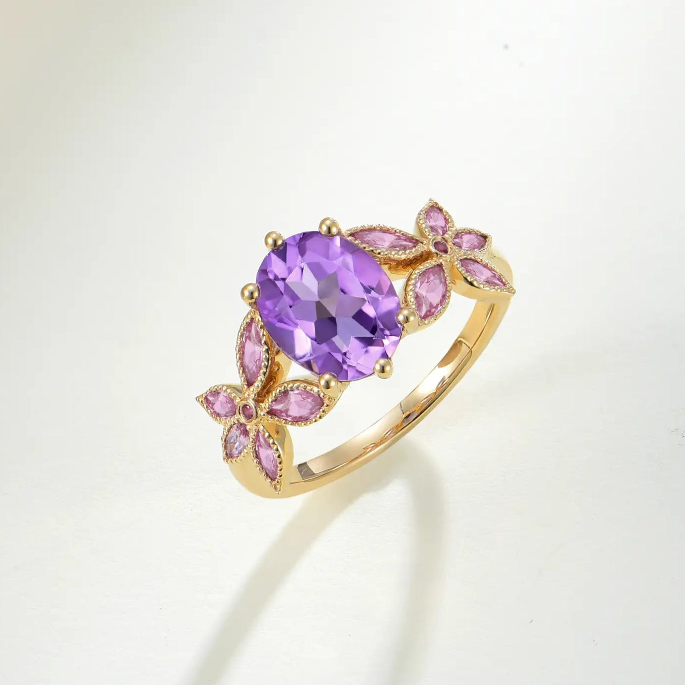 Rose De France natural Amethyst Pink Sapphire Ring in 14k yellow gold