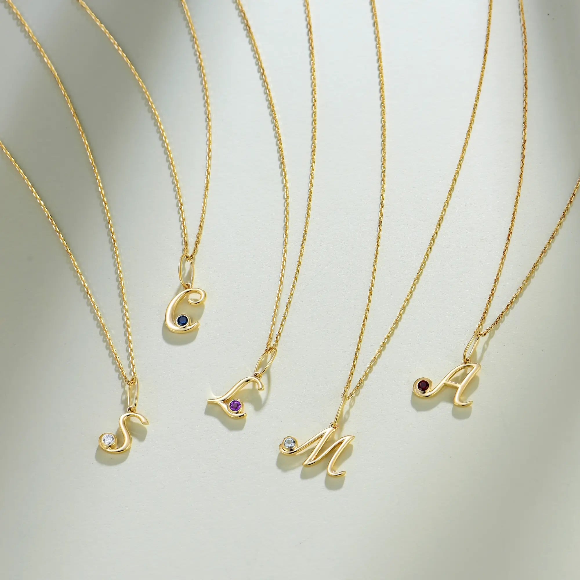 Cursive Initial Birthstone Necklace 14k yellow gold solid gold