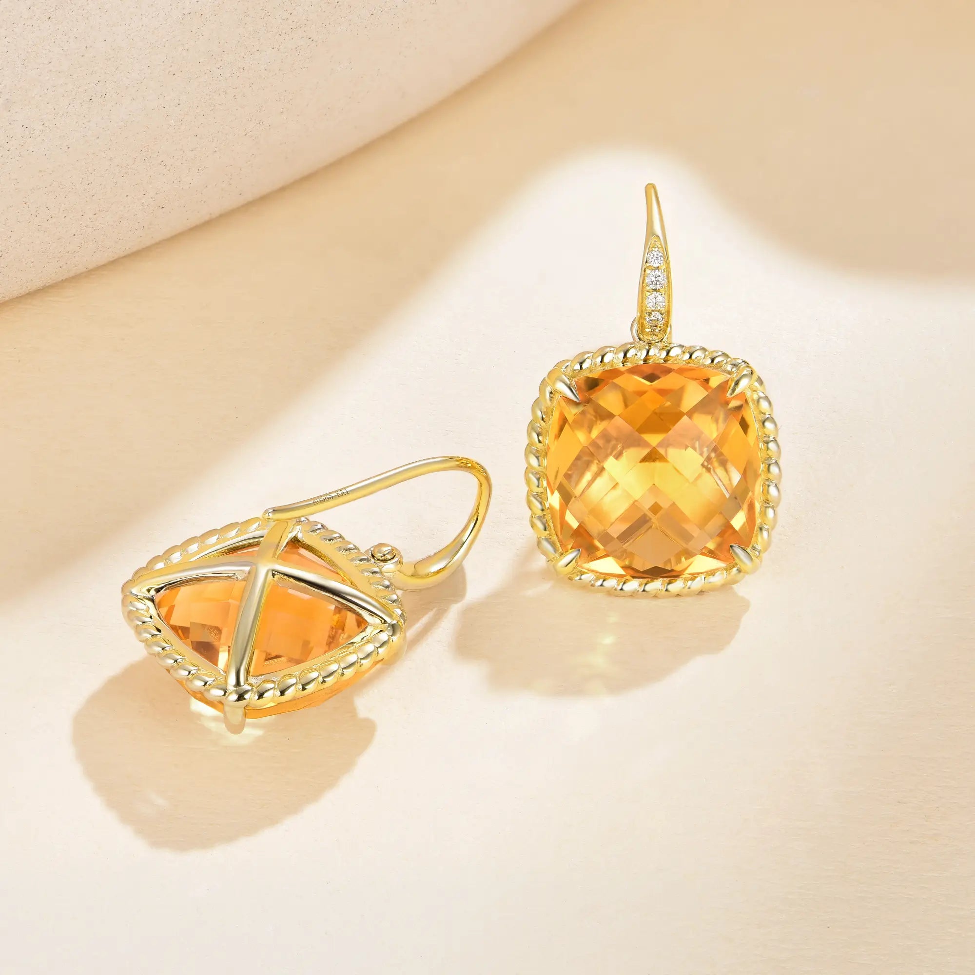 Reflection Cushion Natural 14.05ctw Citrine Diamond Drop Earrings in 14k yellow gold