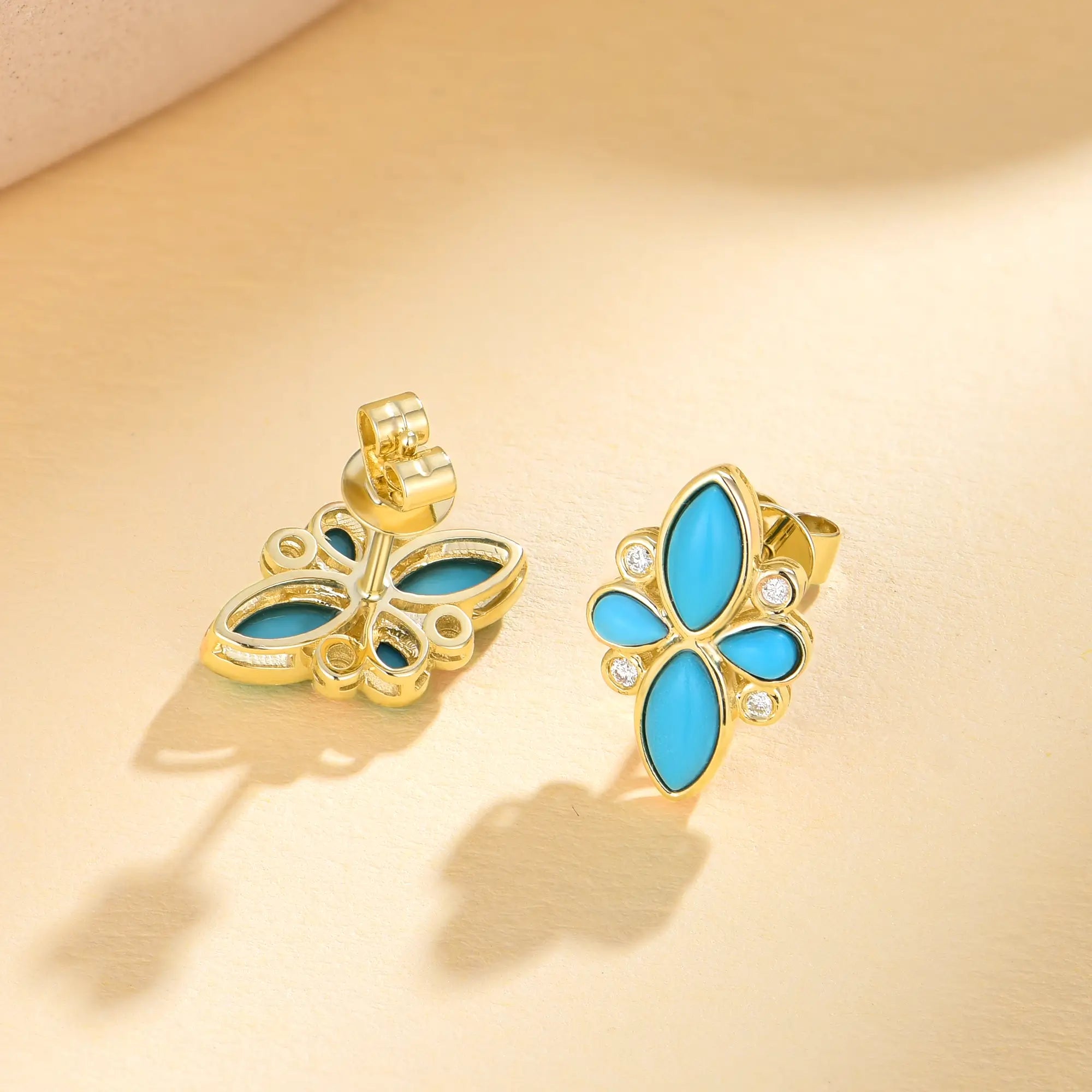Tropical Flower Natural Turquoise and Diamond Earrings in 14k yellow gold