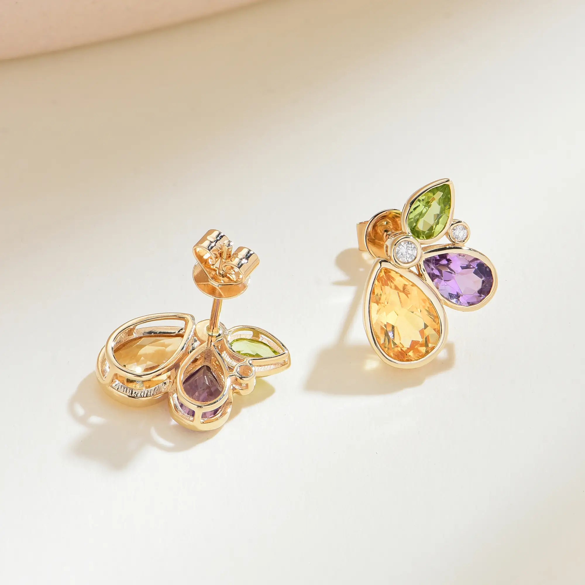 Tropical Butterfly Multi Natural Gemstone Diamond Earrings 14k yellow gold