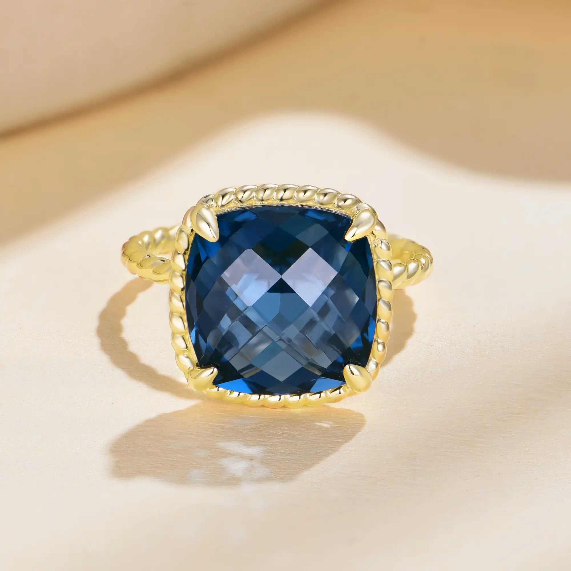 Reflection Natural 9ctw Cushion London Blue Topaz Ring 14k solid yellow gold