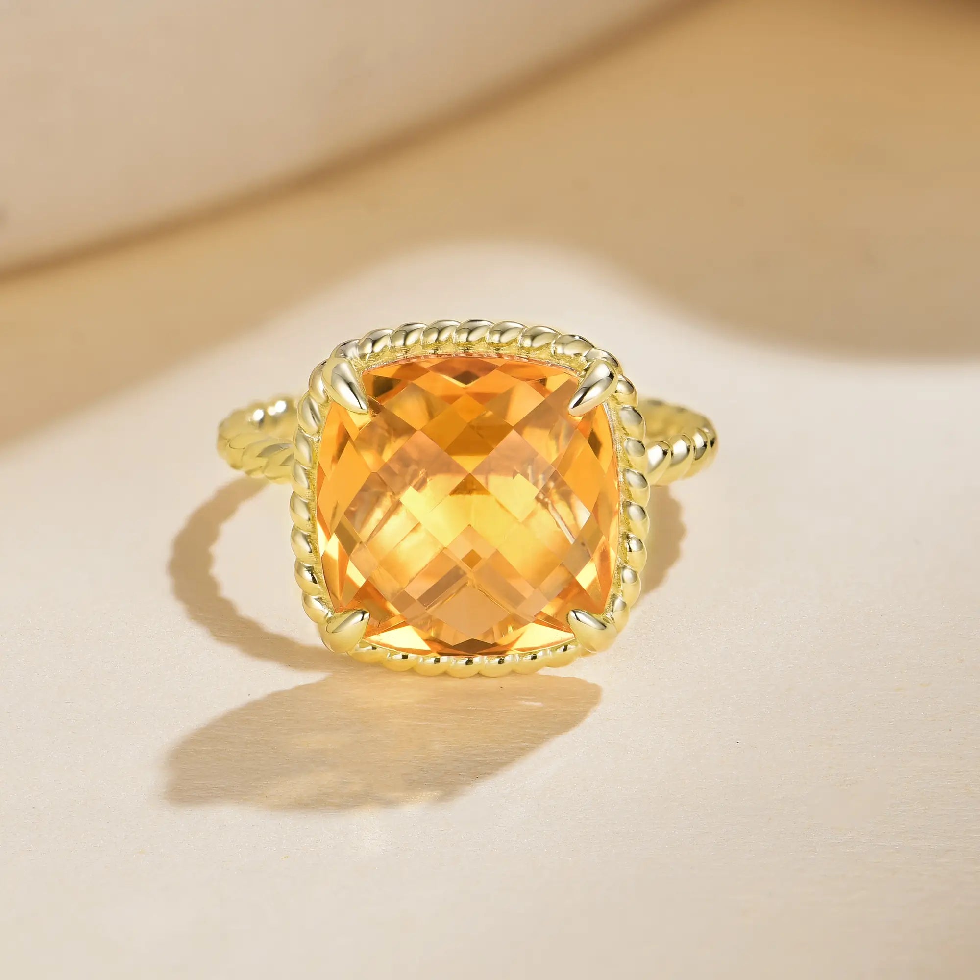 Reflection Natural 7ct Cushion Citrine Ring 14k solid yellow gold
