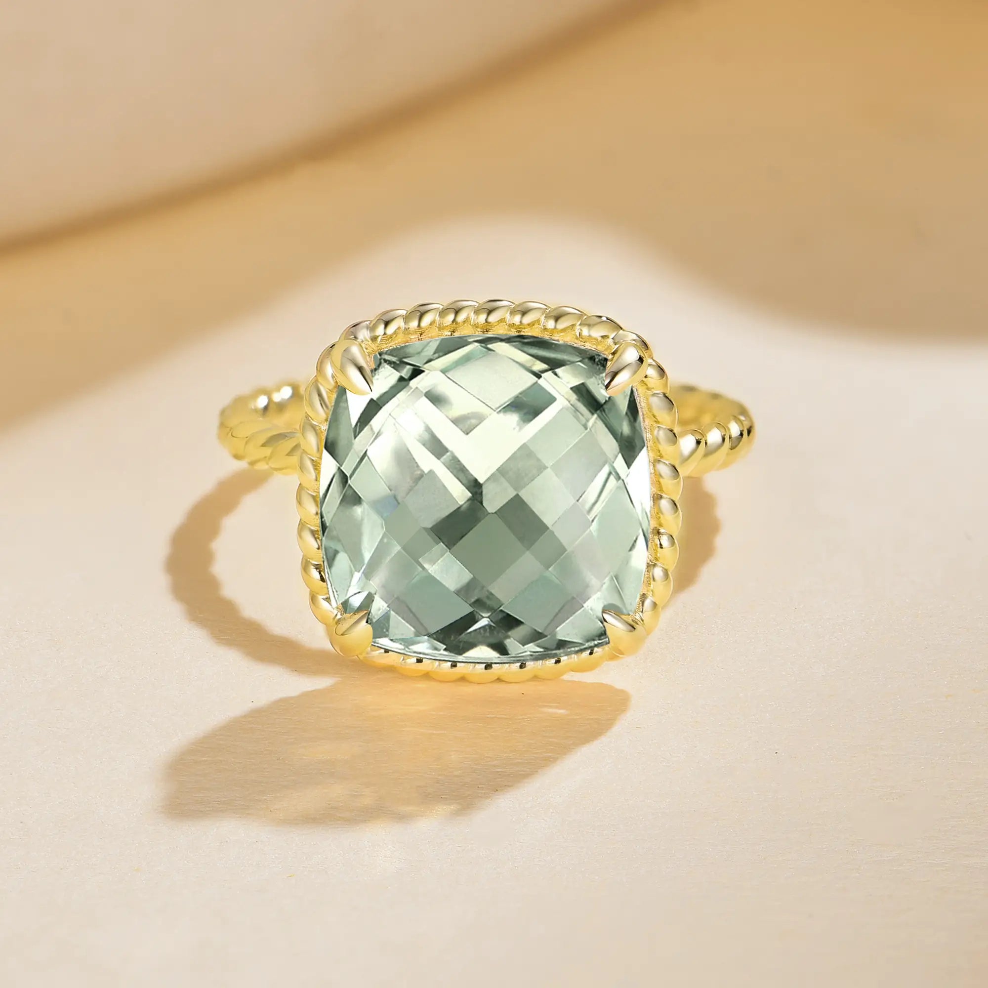 Reflection Natural Cushion Prasiolite Ring 14k solid yellow gold