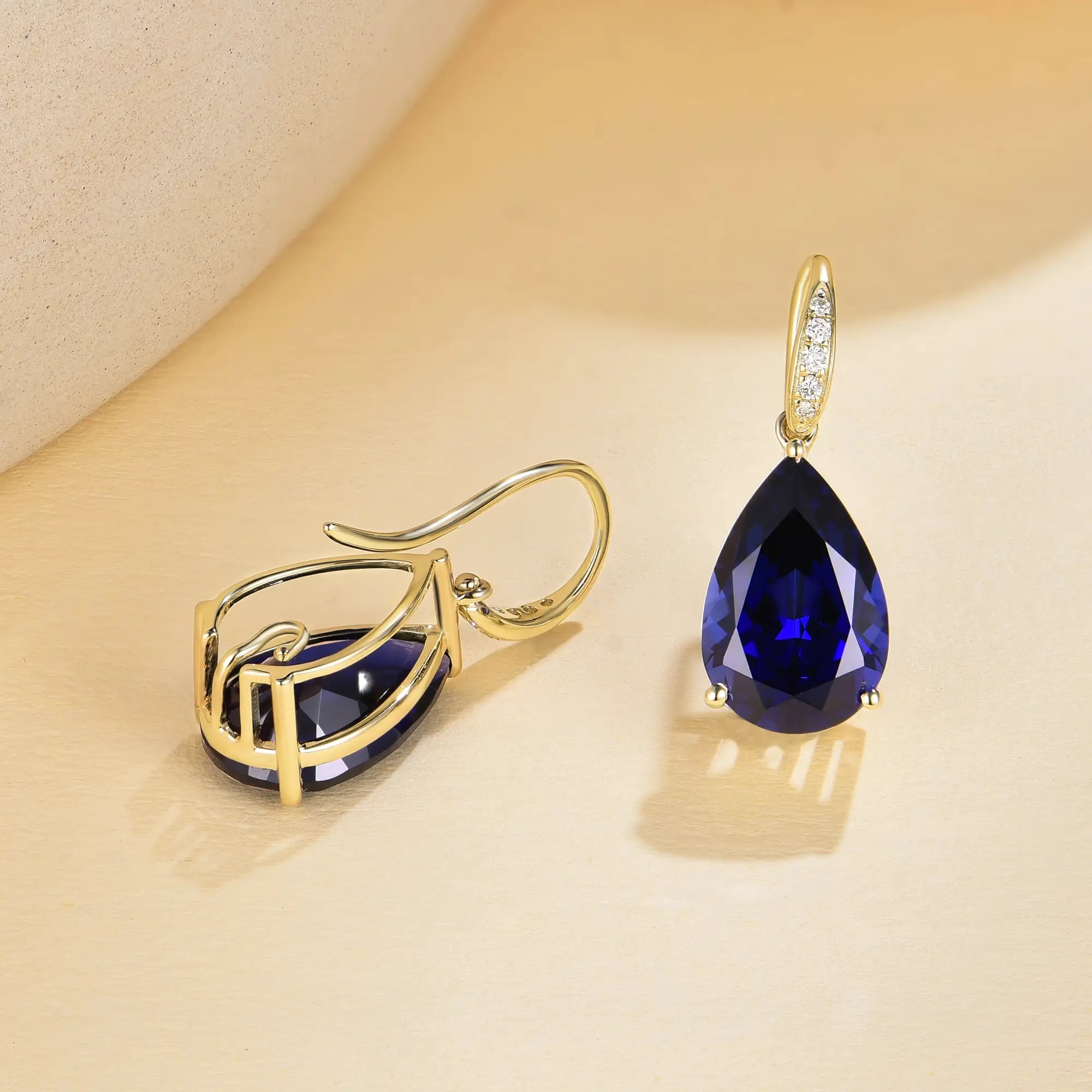 Radiant Pear 8.05ctw Lab-Grown Sapphrie & Diamond Drop Earrings in 14k gold