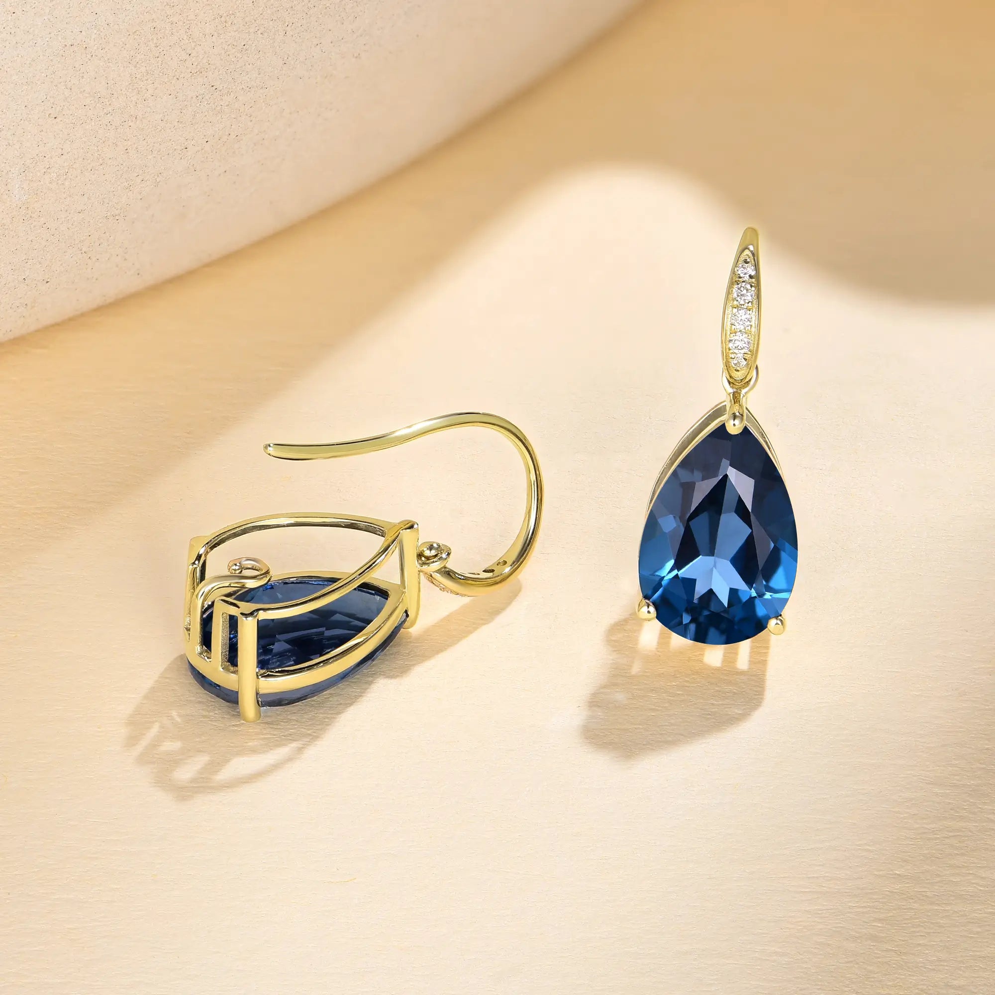 14k Gold Radiant Pear Natural London Blue Topaz Diamond Drop Earrings