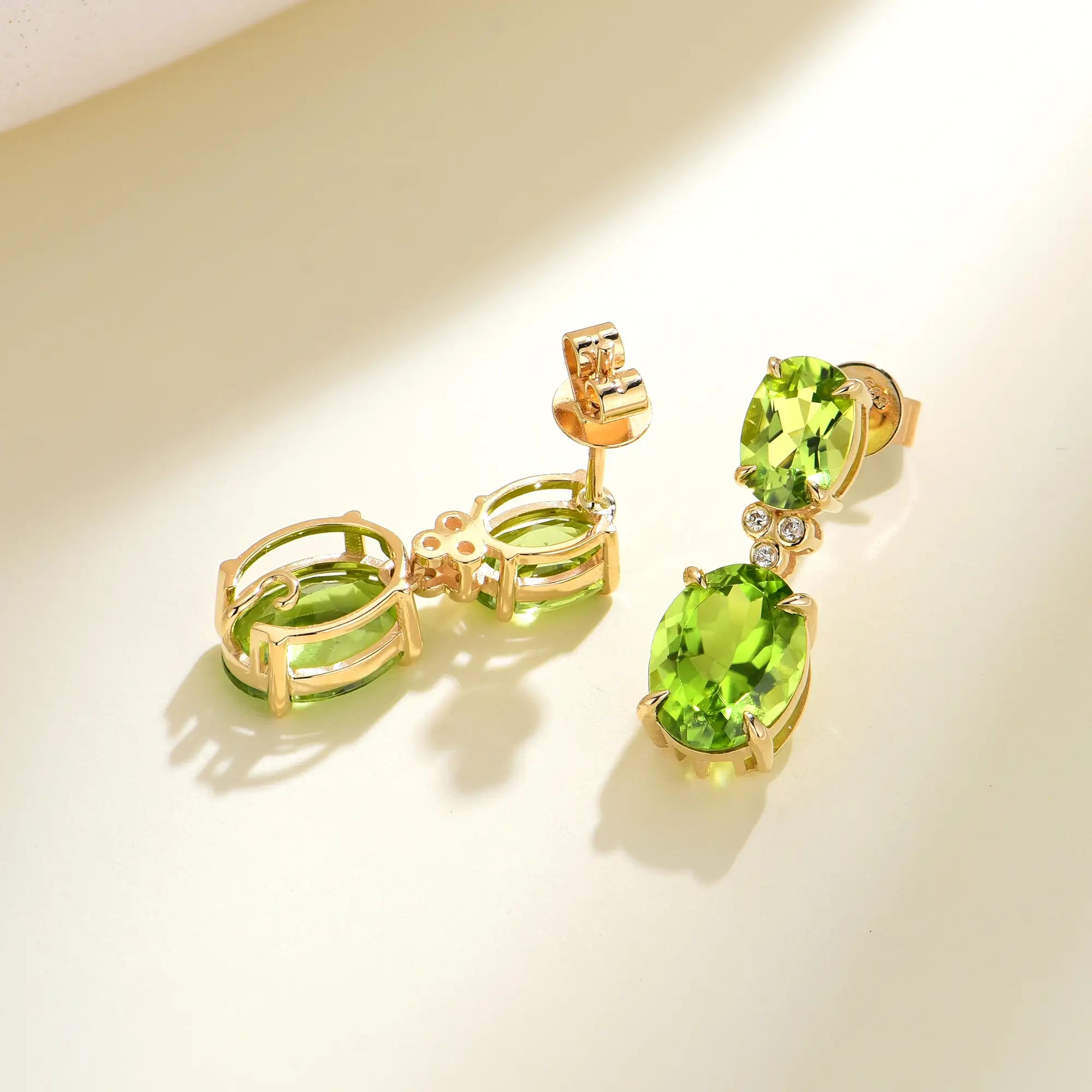 Divina Oval Natural Peridot Diamond Drop Earrings 14k yellow gold