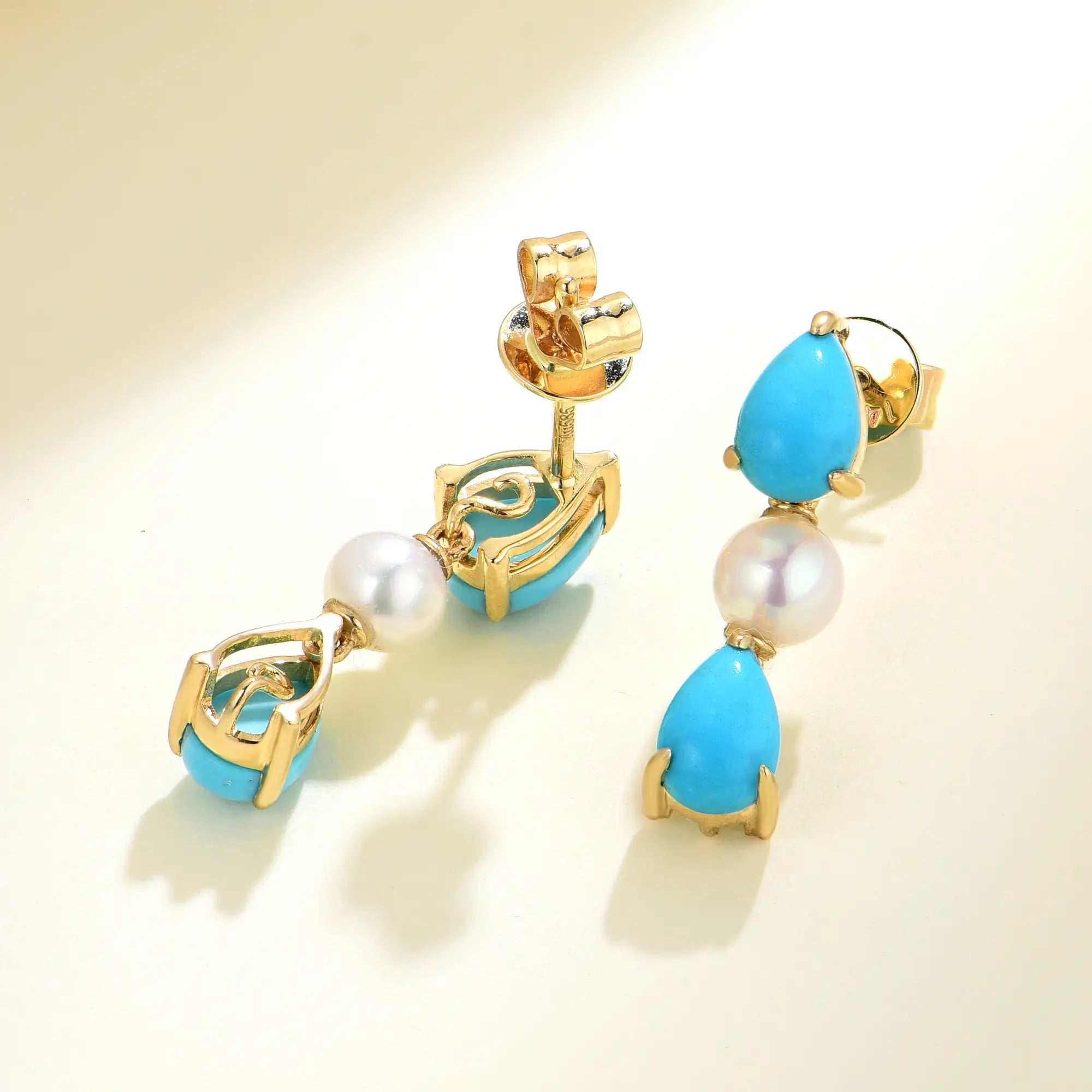 Venus Tears Pear Natural Turquoise Pearl Drop Earrings 14k Yellow gold