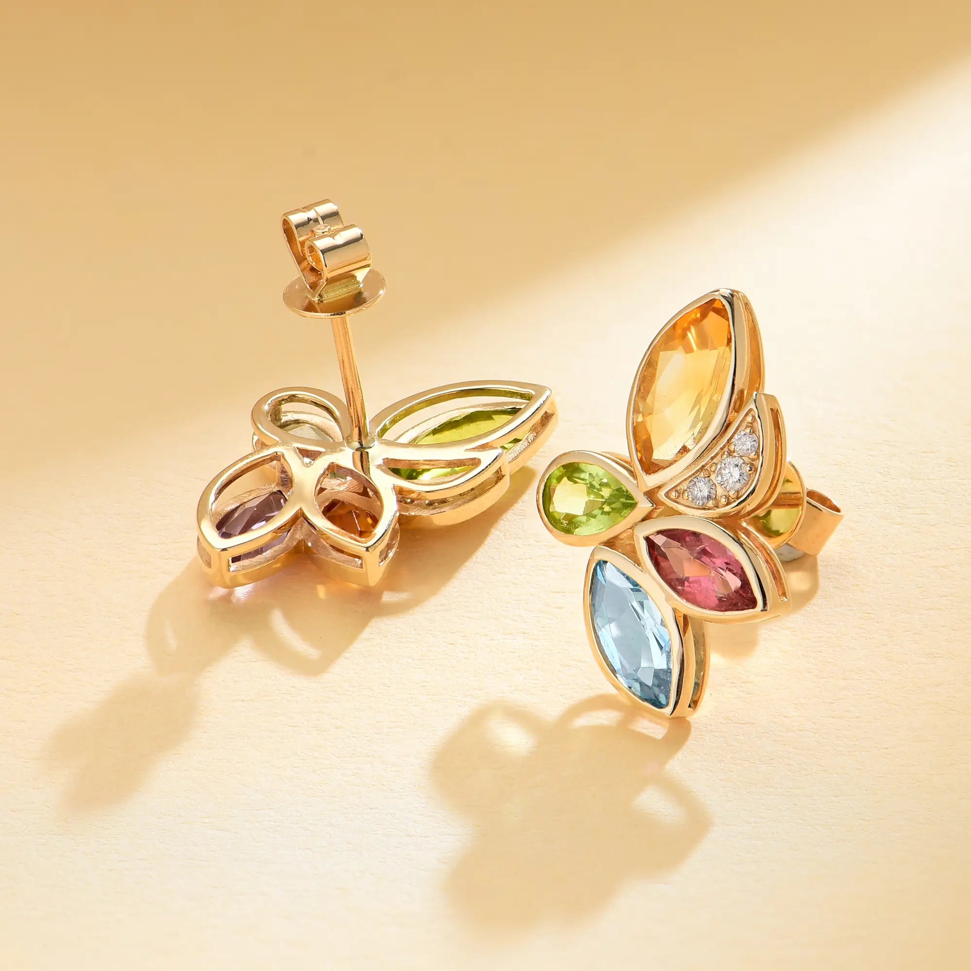 Flower Natural Peridot, Citrine, Aquamarine, Amethyst, Tourmaline Diamond Earrings 14k yellow gold