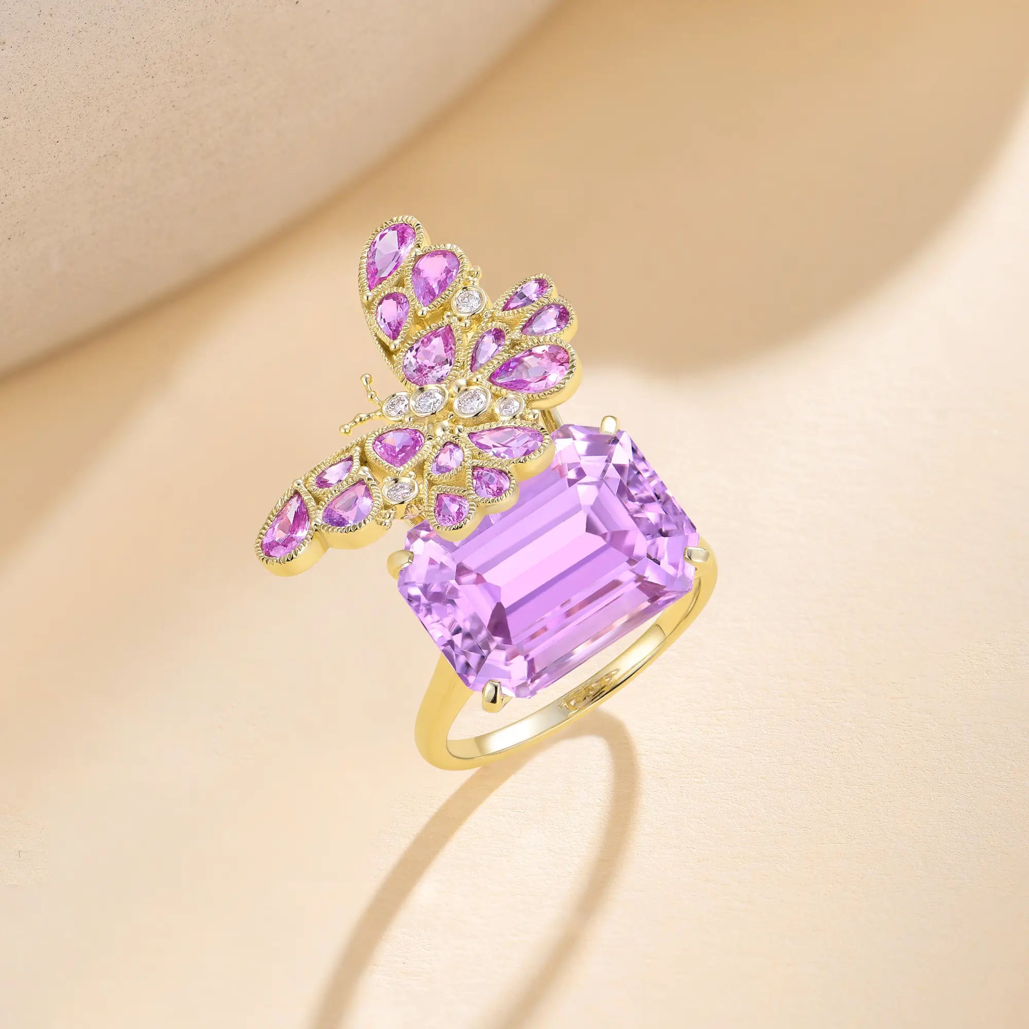 14k gold Nina Zhou x Kai Natural Pink Sapphire Diamond Butterfly on Kunzite Ring (One-of-a-Kind)