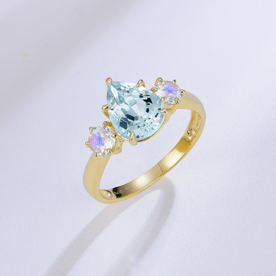 Evelyn Pear Aquamarine Moonstone Three-stone Ring