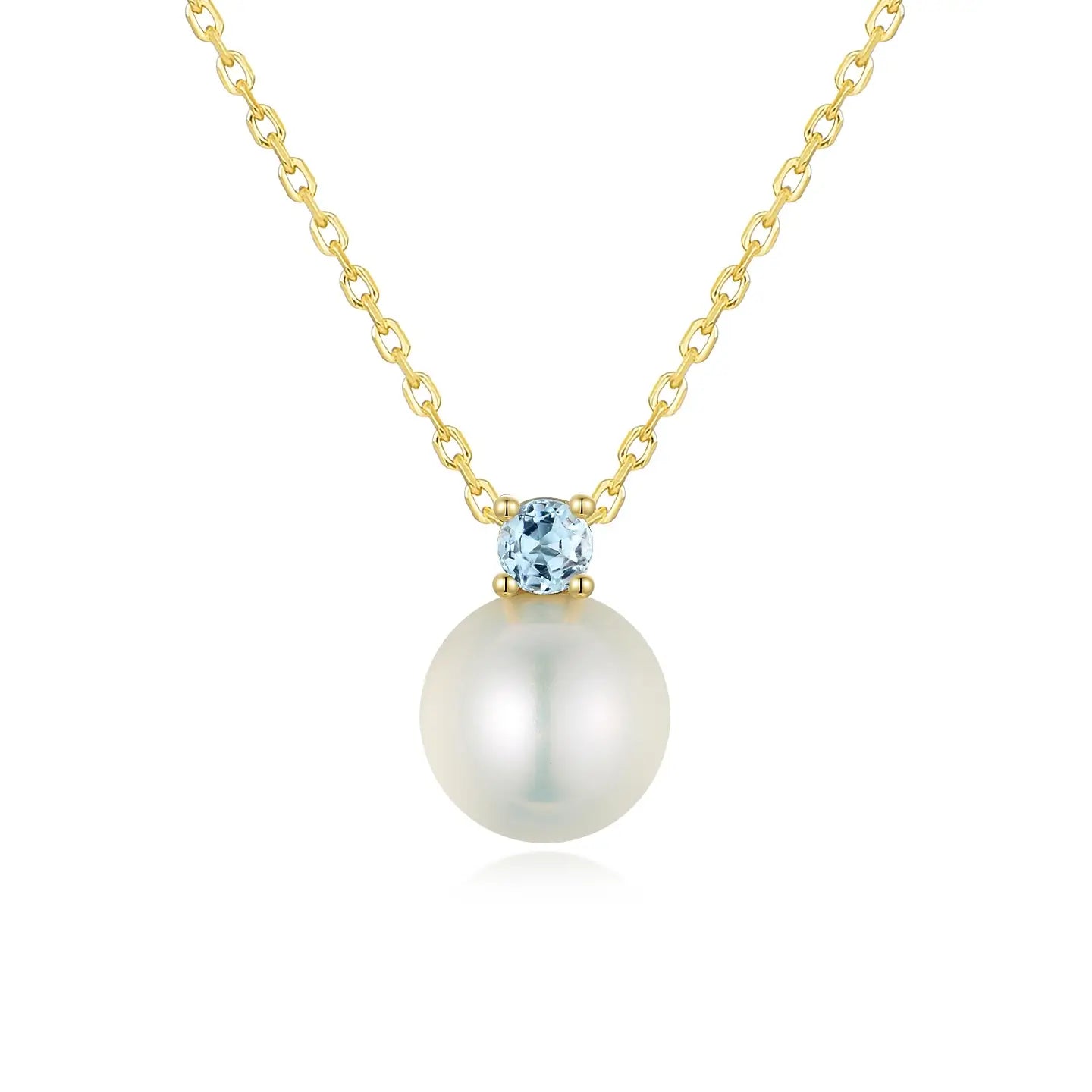 Birthstone Aquamarine Pearl Necklace in 14k yellow gold