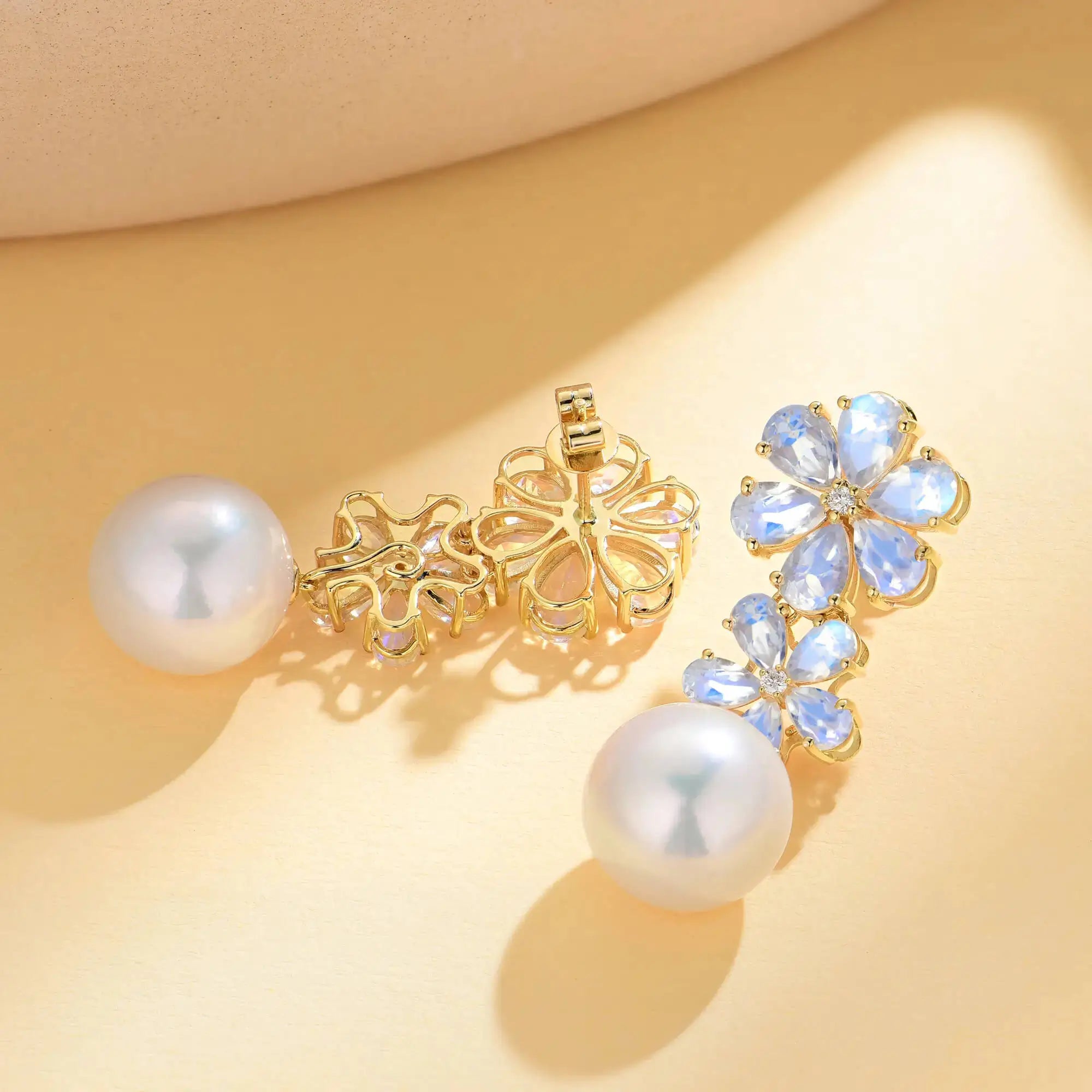 Nina Zhou x Kai 14k Gold Nautral Moonstone & Diamond Double Blossom Freshwater Pearl Convertible Drop Earrings