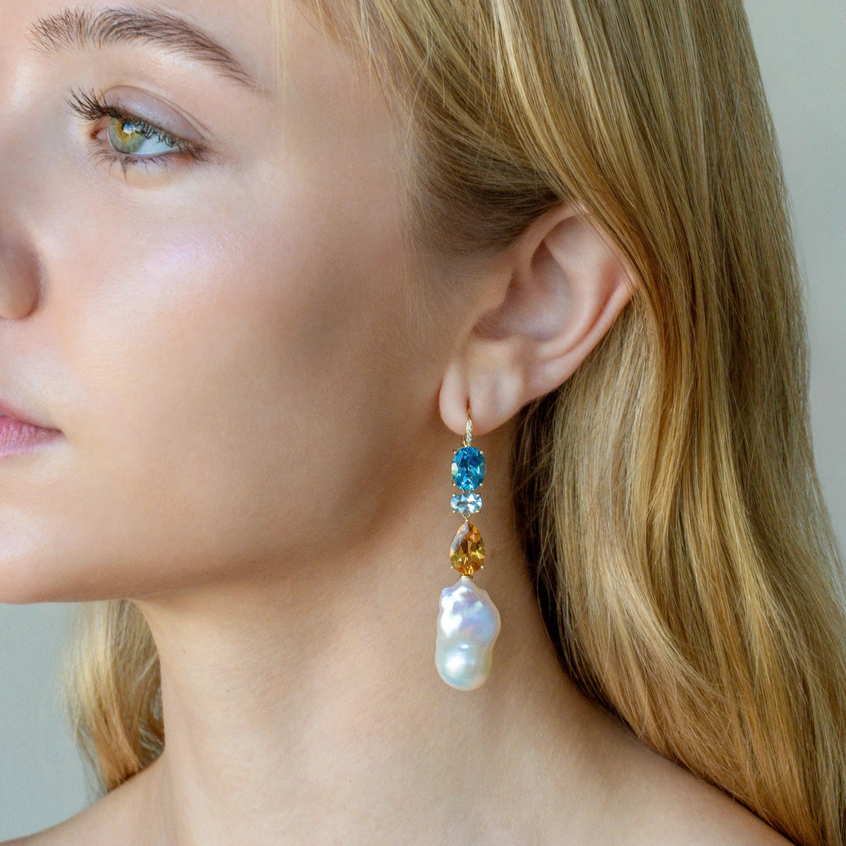 GemFusion Natural Topaz Aquamarine Citrine Diamond Baroque Pearl Convertible Drop Earrings 14k yellow gold