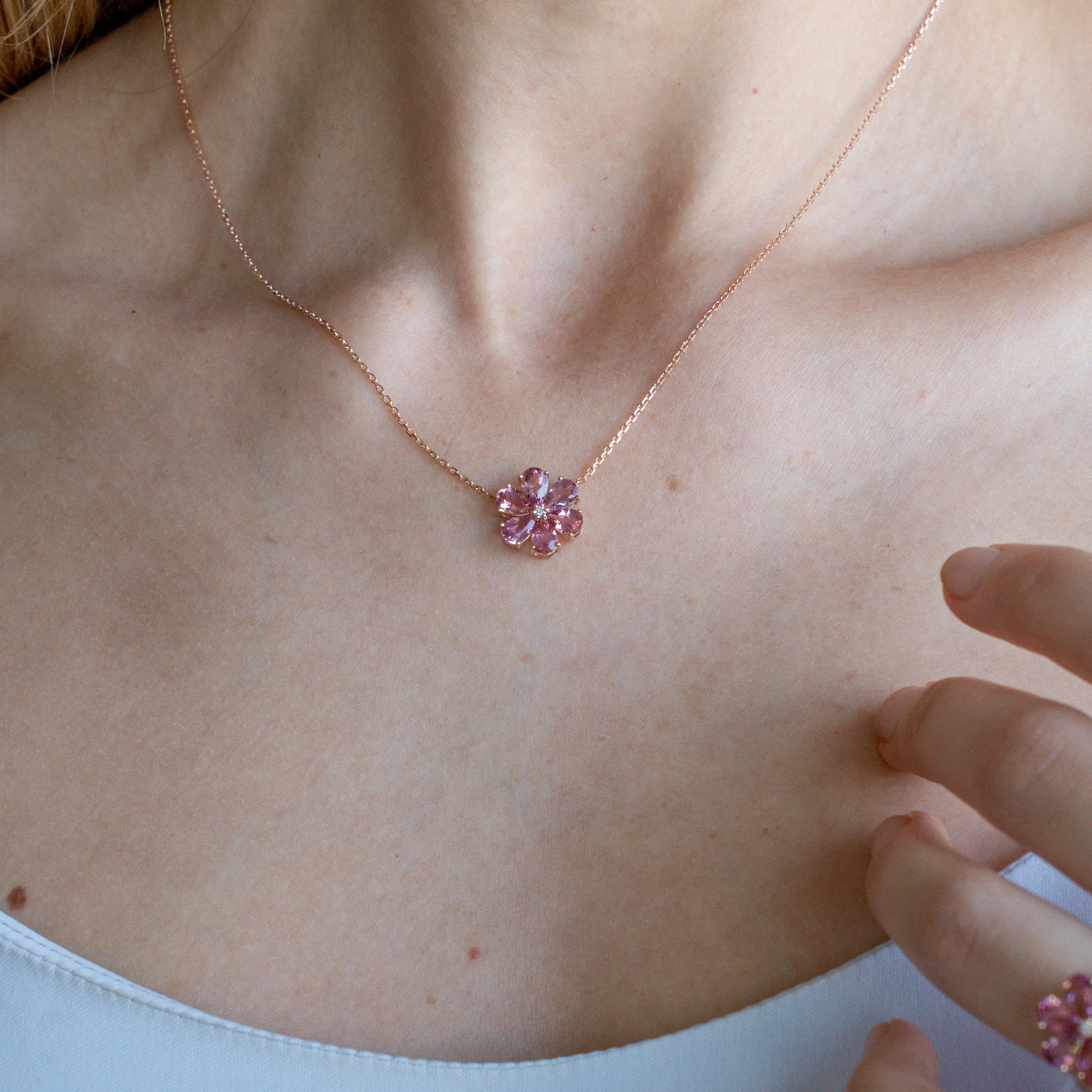 Flora Blossom Pink Tourmaline Diamond Necklace 14k rose gold