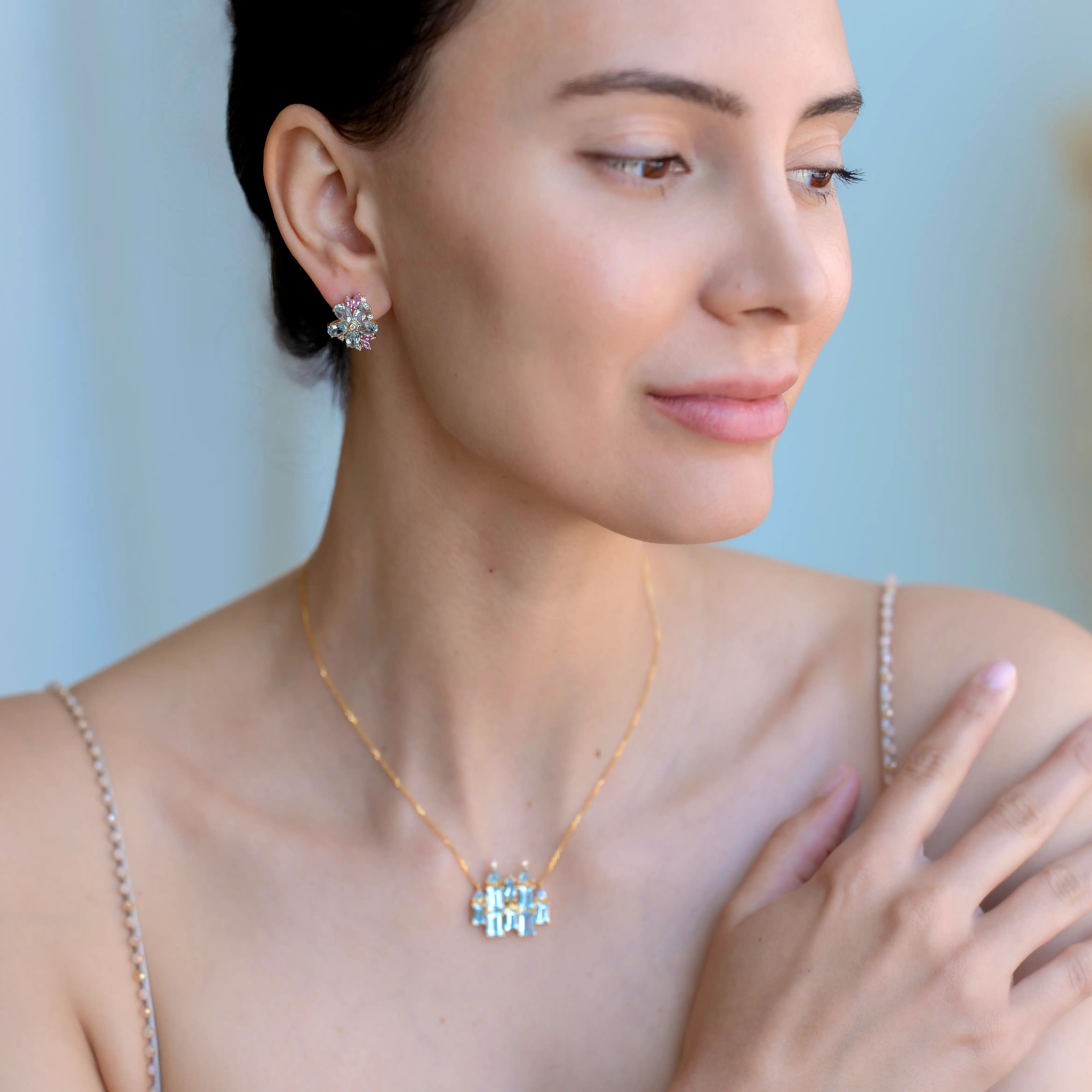 Nina Zhou x Kai 14k gold natural Aquamarine Pink Sapphire Diamond Blossom Earrings