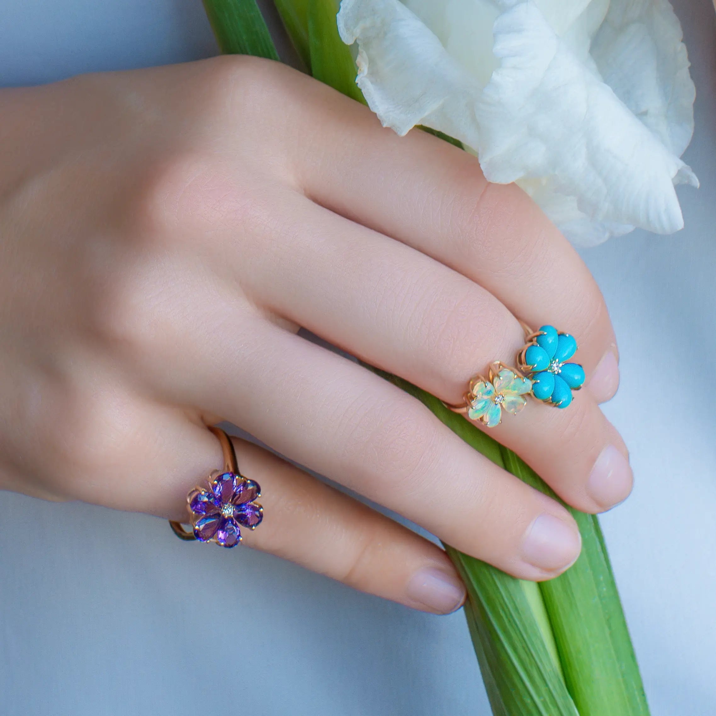 Flora Blossom Turquoise and Opal Diamond Cocktail Ring