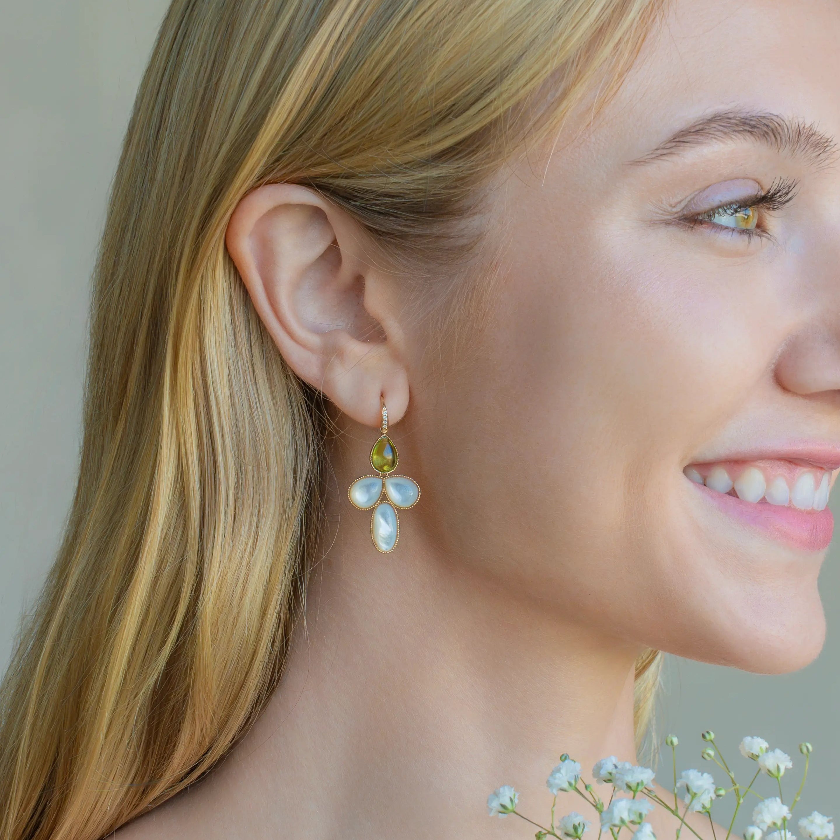 SnowDrop Flower Natural Peridot & Mother of Pearl Diamond Convertible Drop Earrings 14k yellow gold