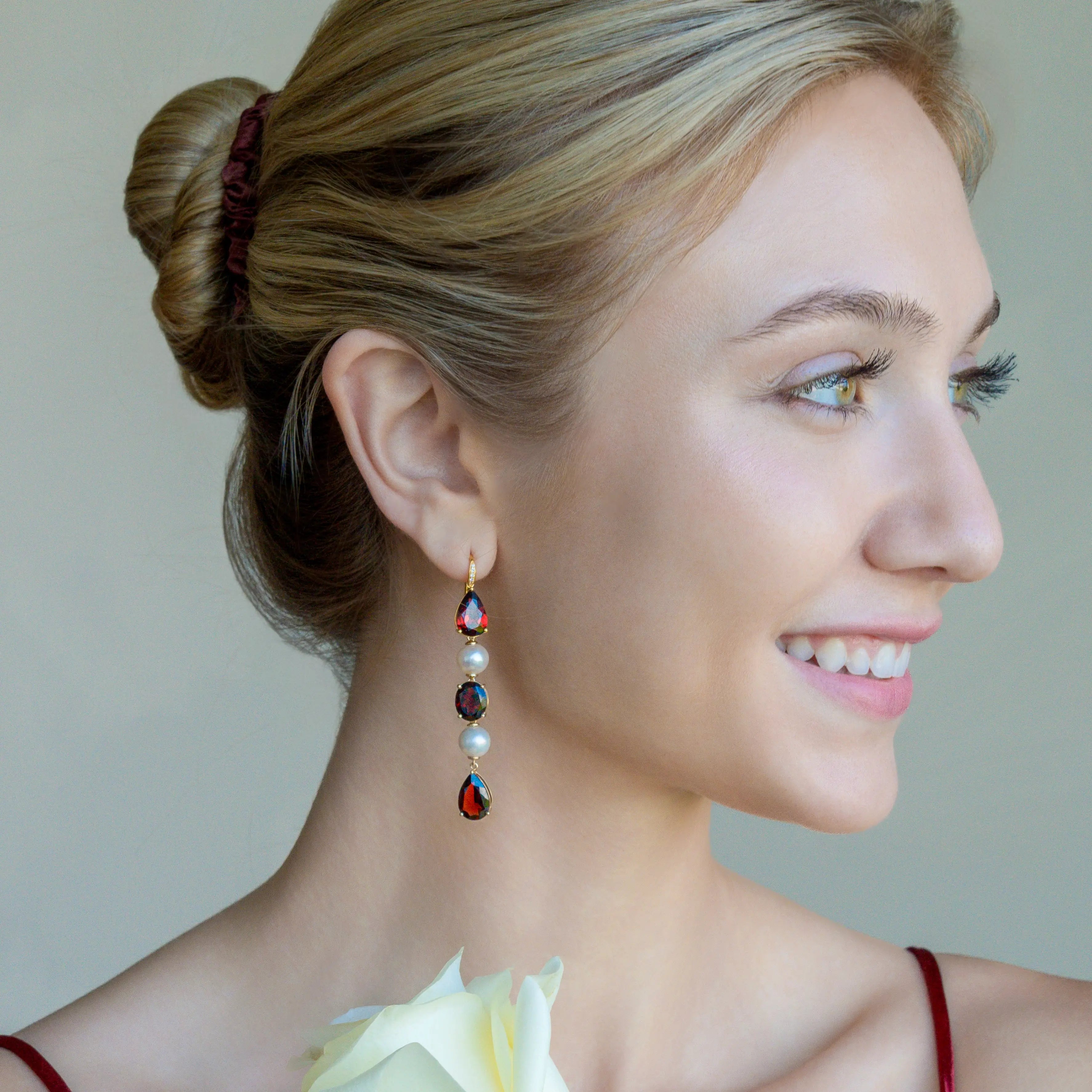 GemFusion Natural Garnet Diamond Pearl Convertible Drop Earrings 14k yellow gold
