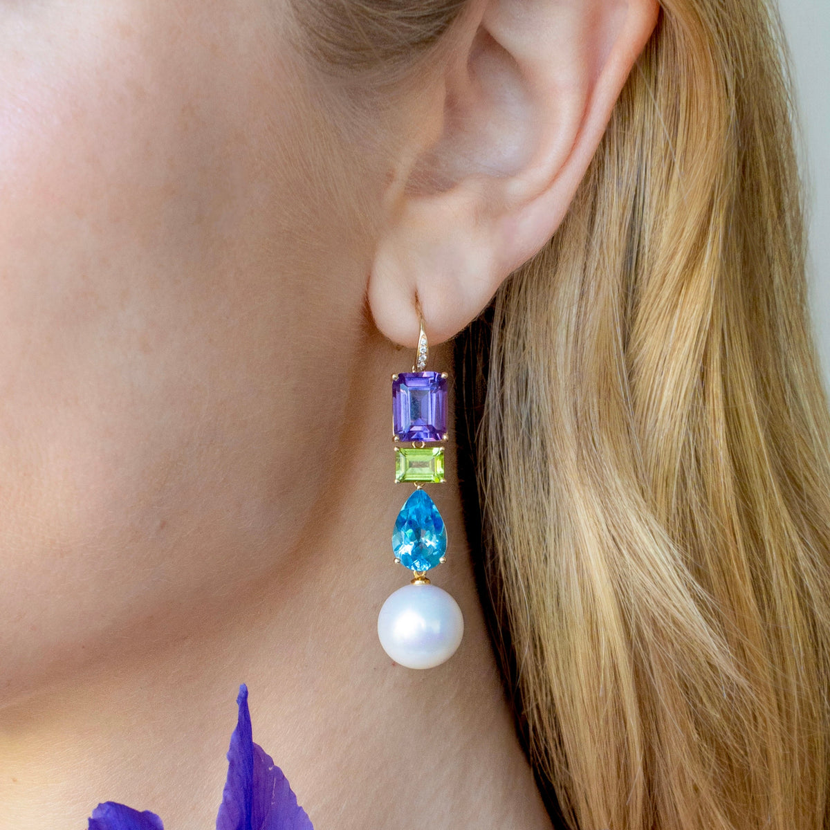 GemFusion Natural Amethyst Peridot Topaz Diamond Pearl Convertible Drop Earrings 14k yellow gold