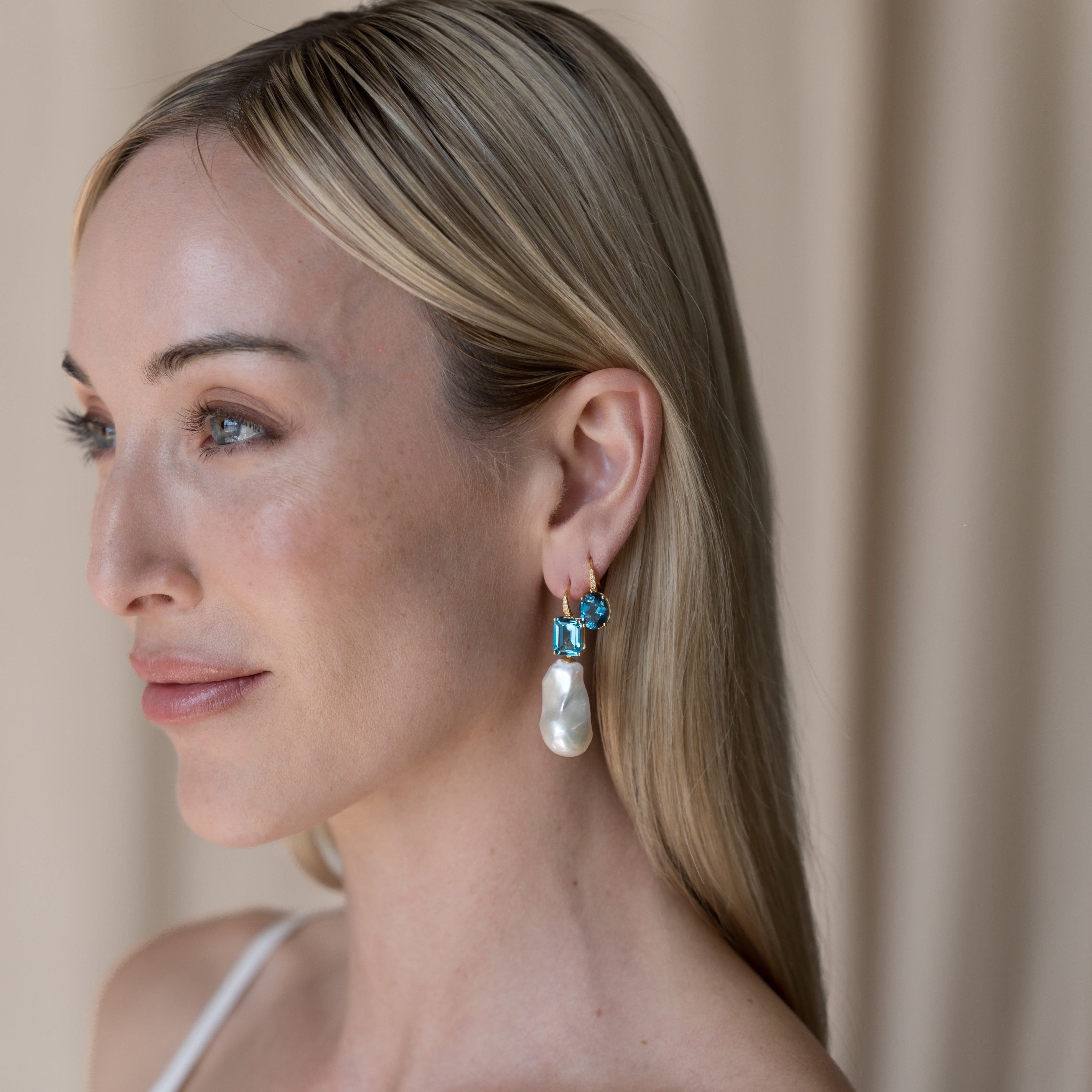 Radiant Emerald-Cut Topaz Diamond Baroque Pearl Convertible Drop Earrings