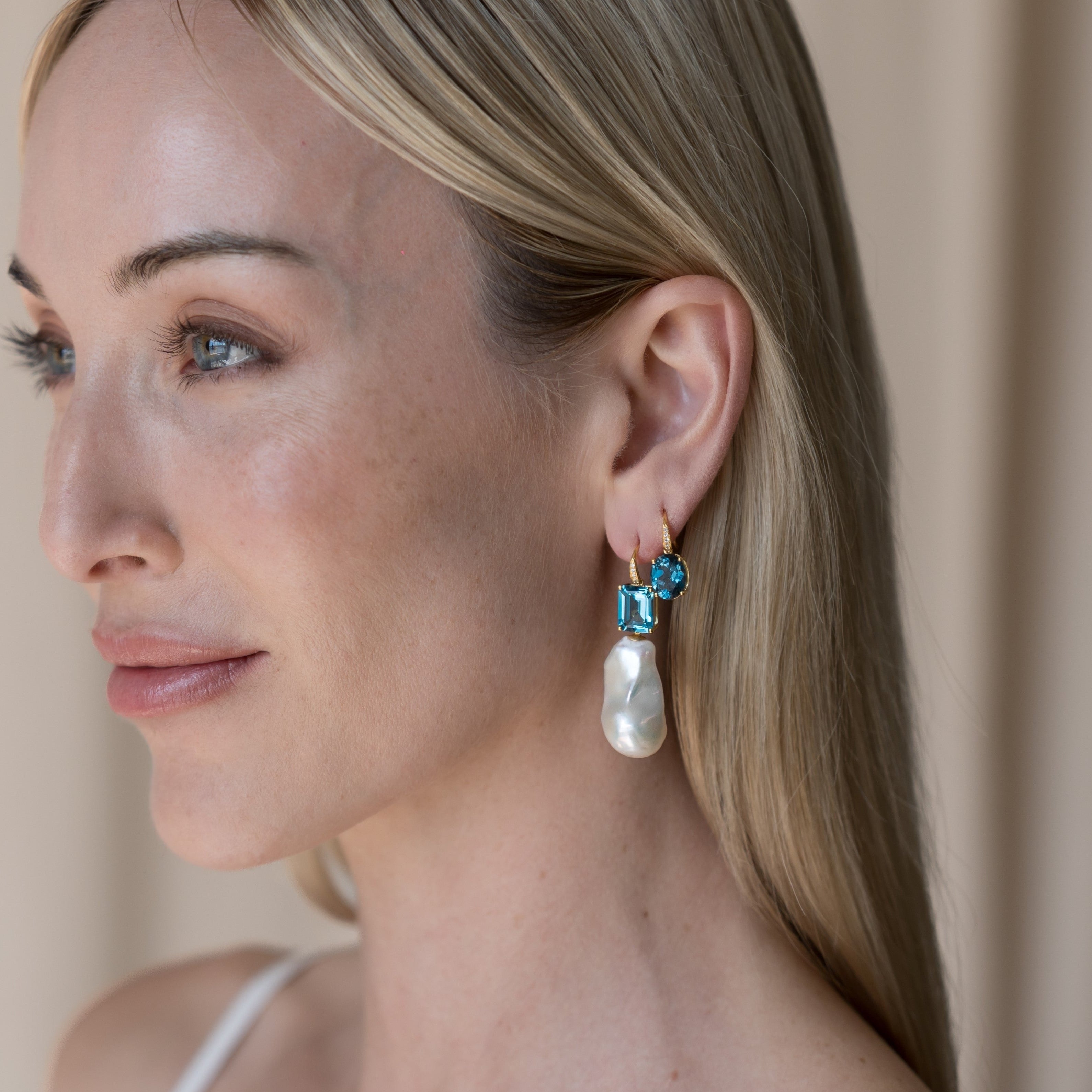 14k gold Radiant Natural Emerald-Cut Topaz Diamond Baroque Pearl Convertible Drop Earrings