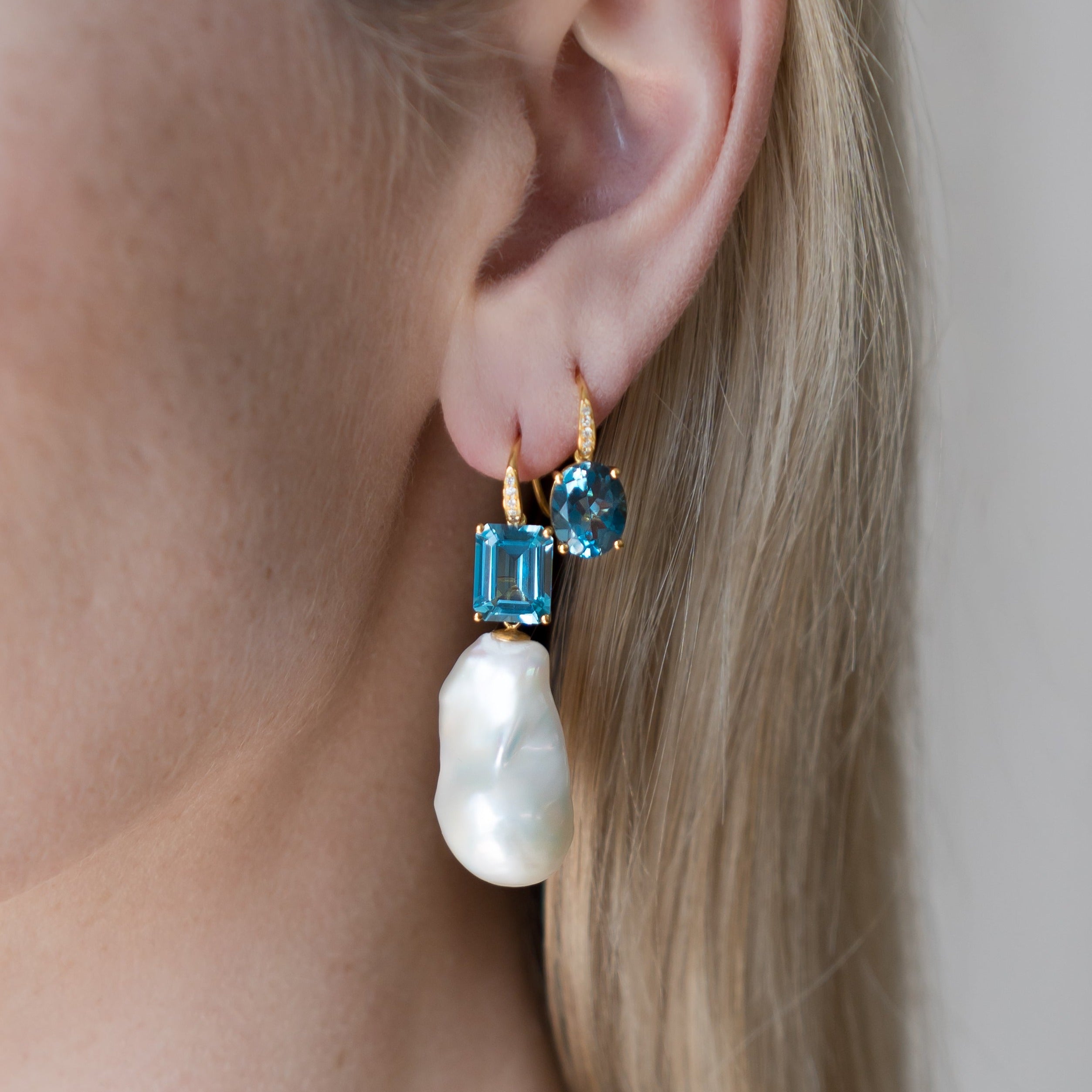 14k gold Radiant Natural Emerald-Cut Topaz Diamond Baroque Pearl Convertible Drop Earrings