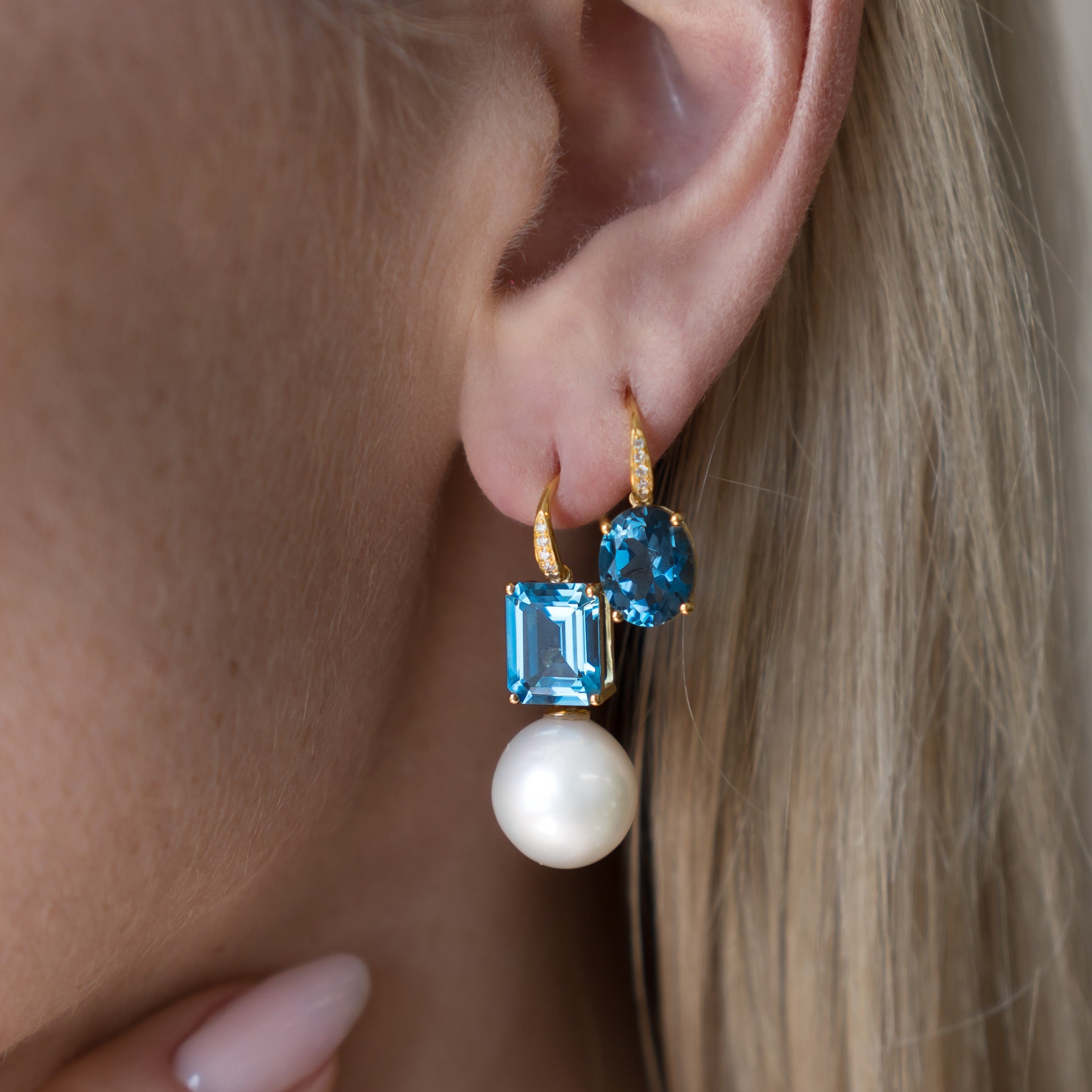 Radiant Emerald-Cut Topaz Diamond Pearl Convertible Drop Earrings