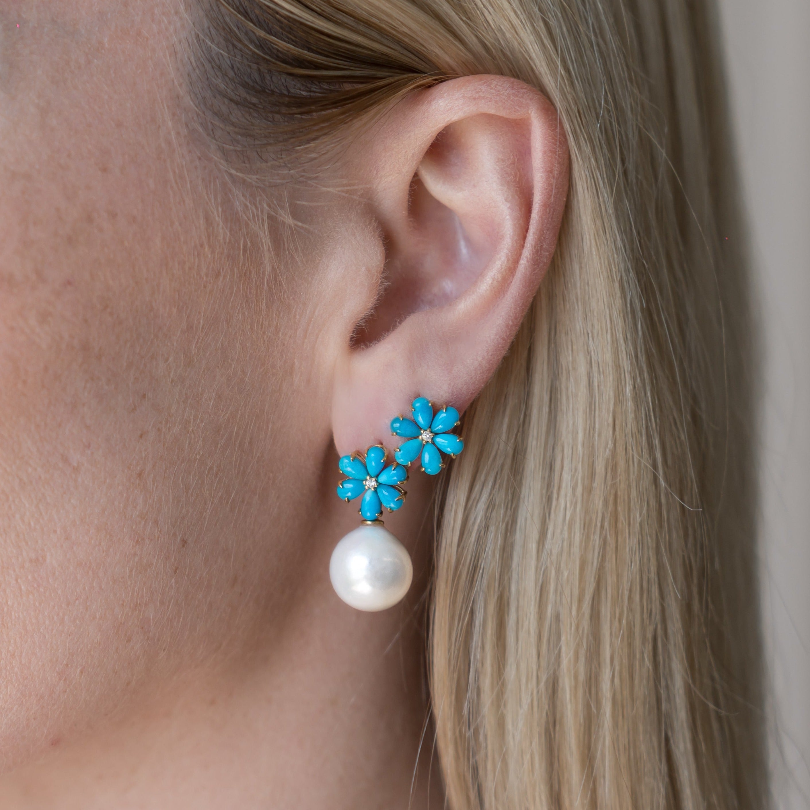Flora Blossom Turquoise Diamond Pearl Convertible Drop Earrings