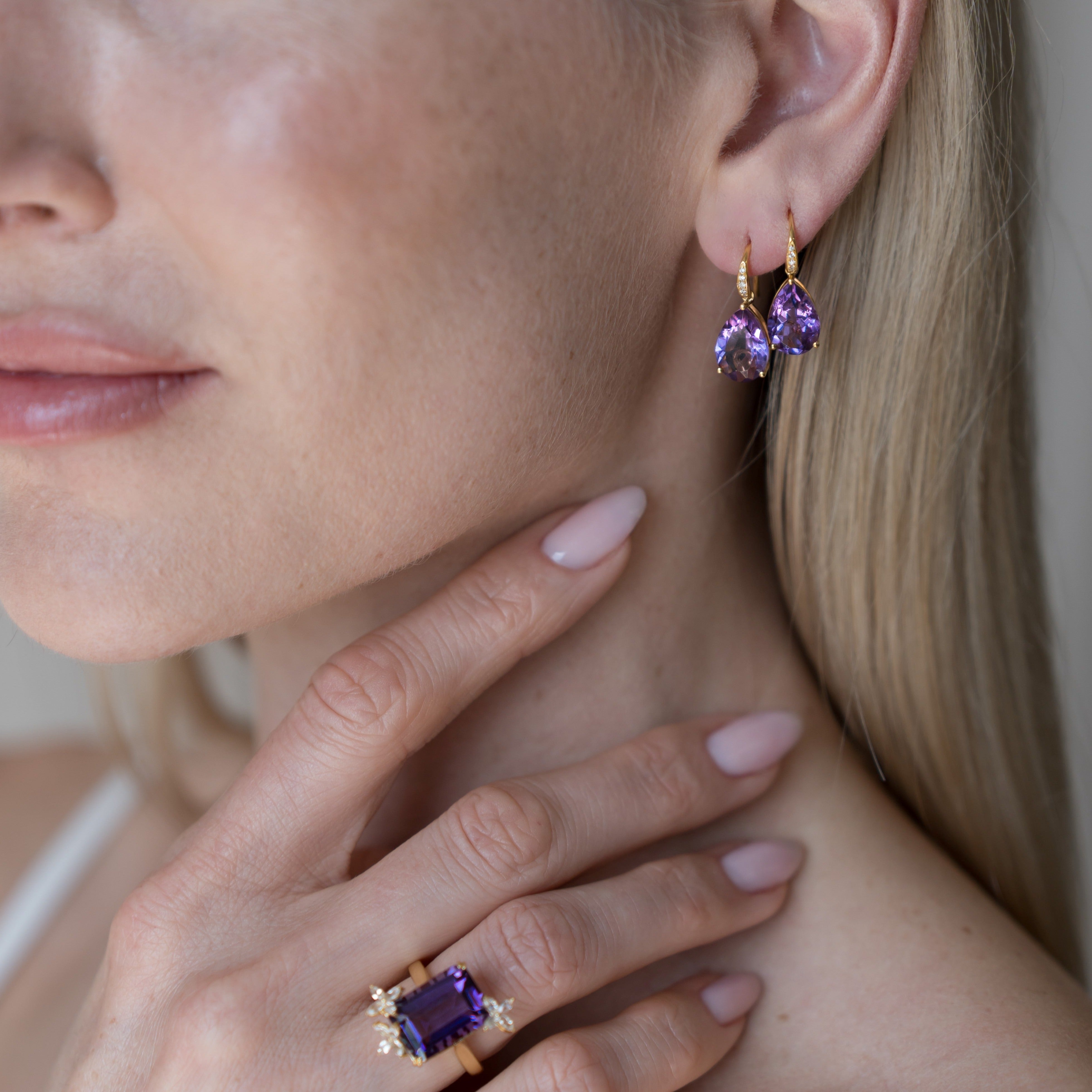 Radiant Pear Amethyst Diamond Pearl Convertible Drop Earrings
