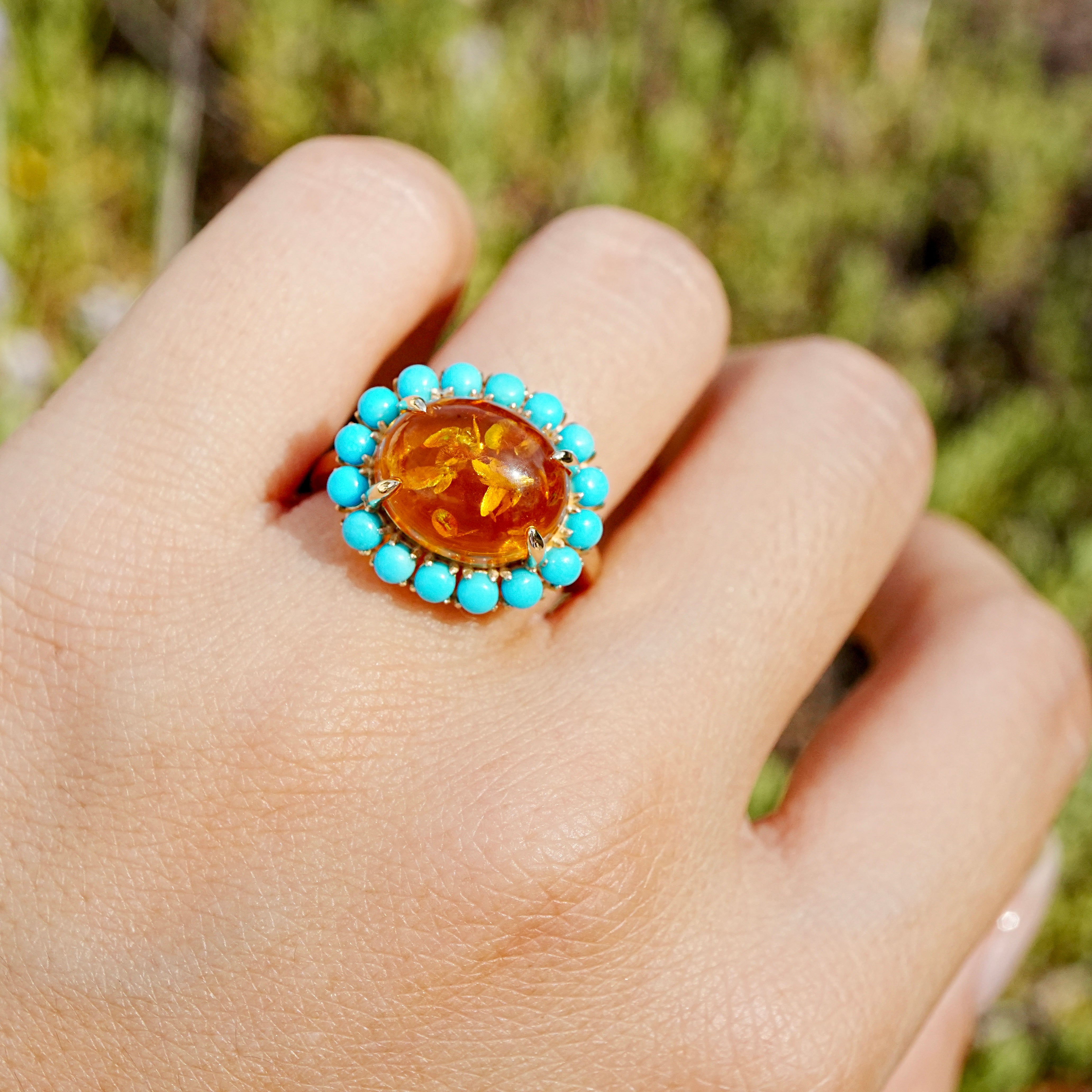Eden Halo 3.10 ctw Natural Amber & Turquoise East-West Ring (One-of-a-Kind)