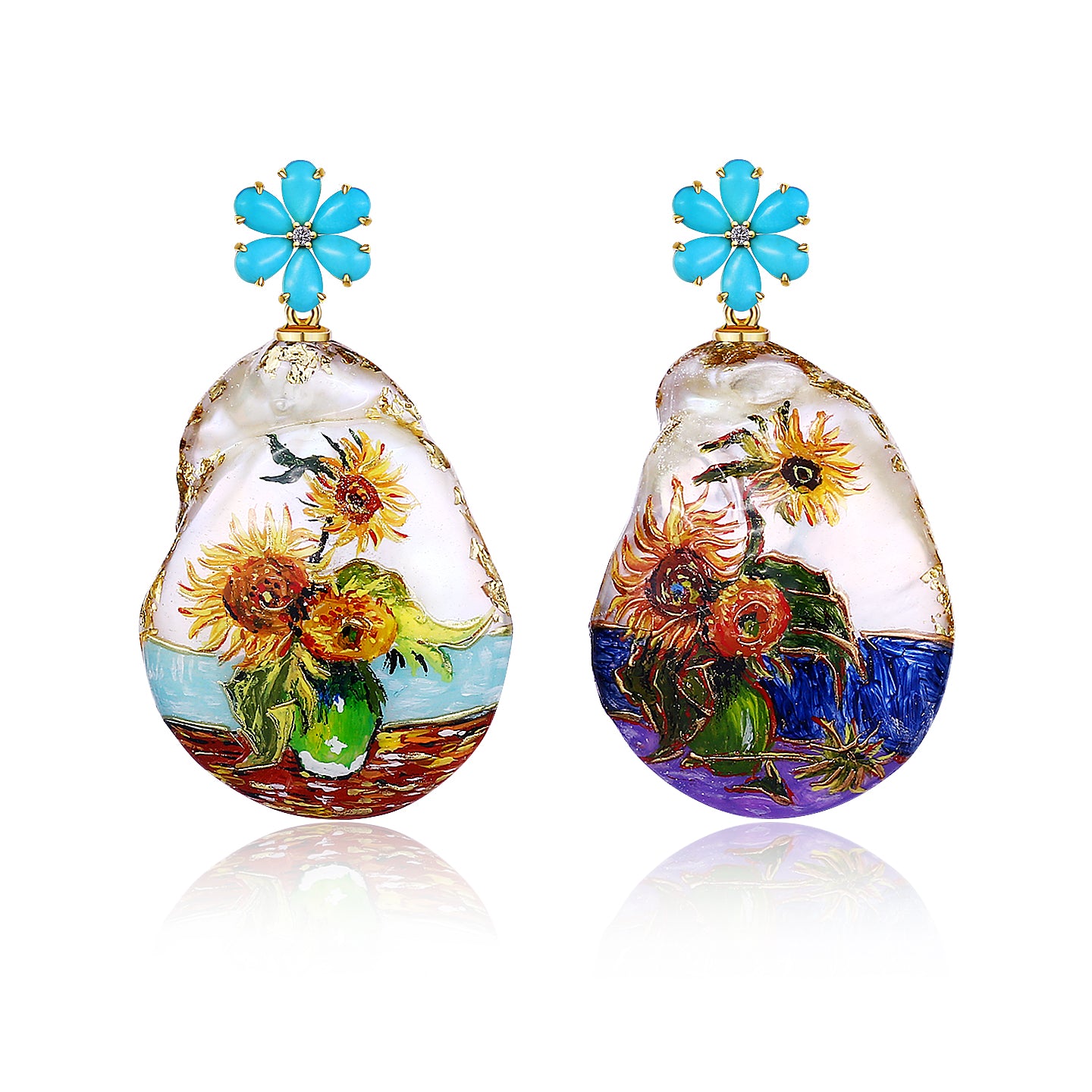 Flora Blossom Turquoise Diamond Hand-Painted Baroque Pearl Convertible Earrings