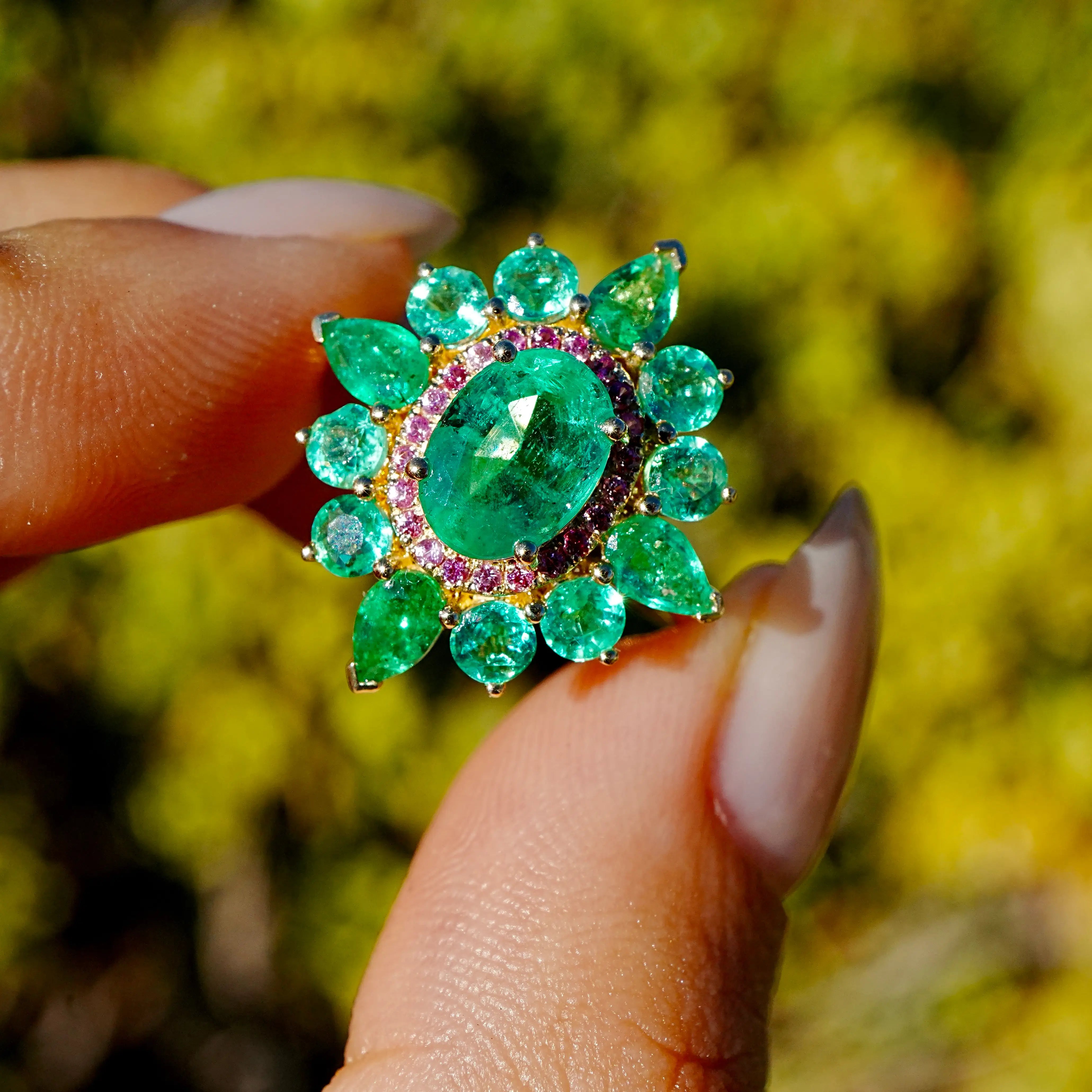 Kai Fine Jewelry Stellara 3.55 ctw AIGS Certified Natural Emerald & Pink Sapphire Ring Size 7 (One-of-a-Kind)