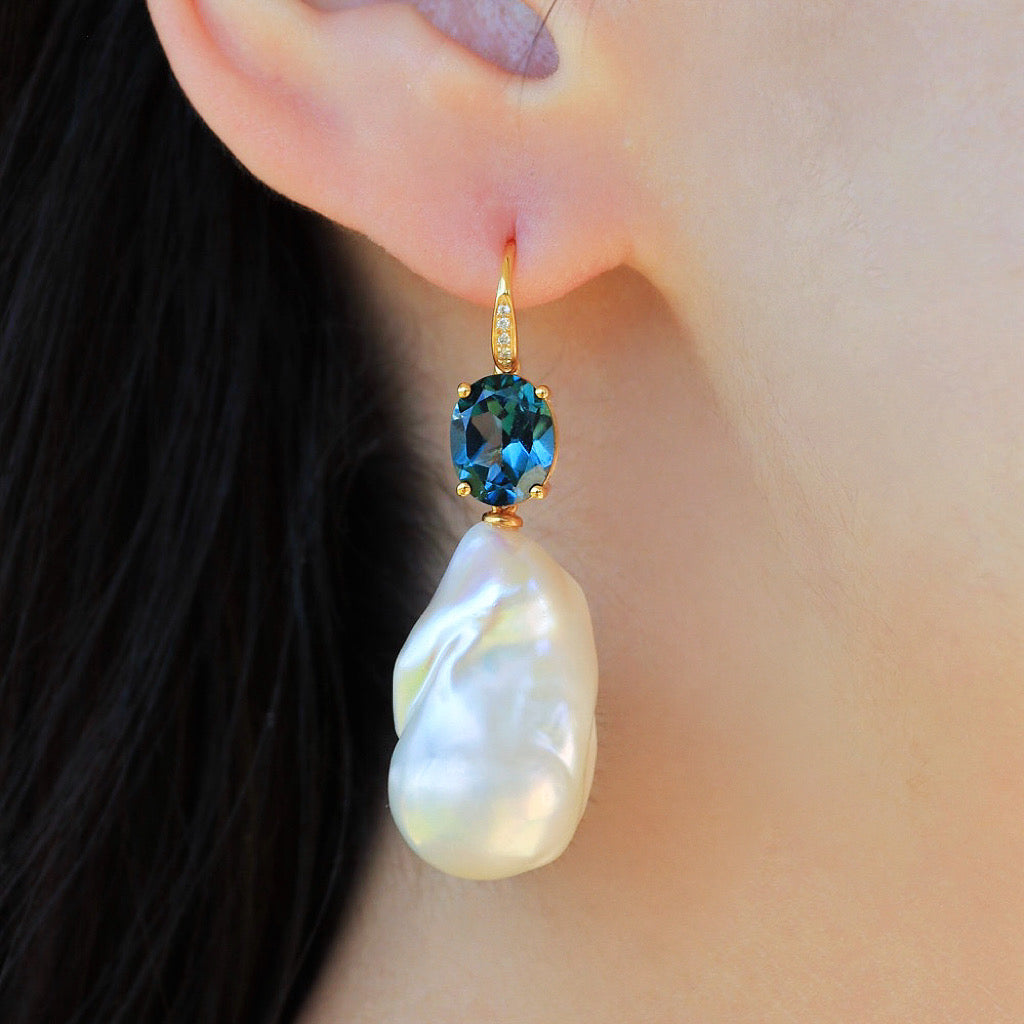 natural Oval Topaz Diamond Baroque Pearl Convertible Drop Earrings 14k yellow gold