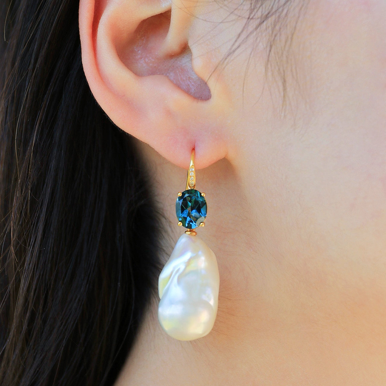 natural Oval Topaz Diamond Baroque Pearl Convertible Drop Earrings 14k yellow gold