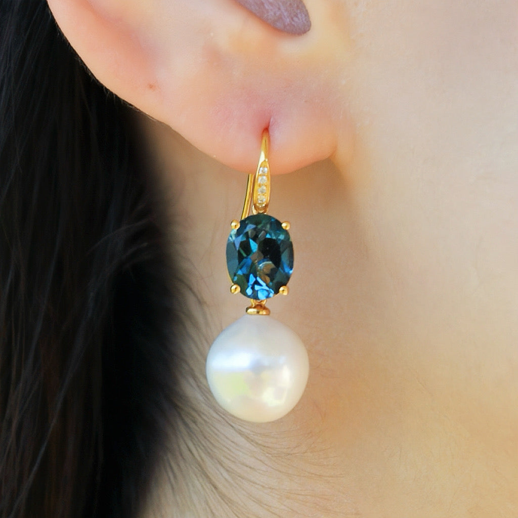 Radiant Oval London Blue Topaz Diamond Pearl Convertible Drop Earrings