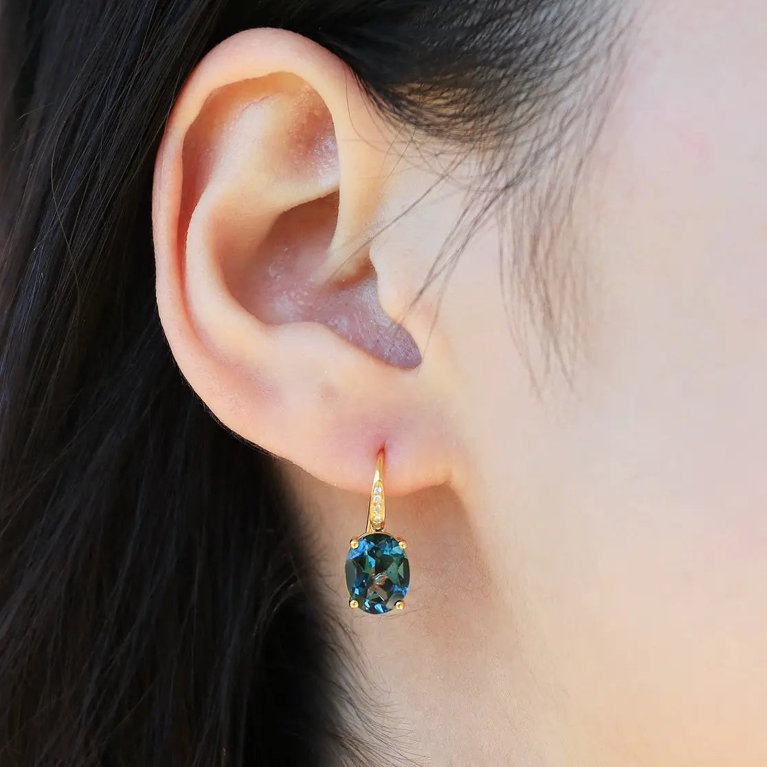 natural Oval Topaz Diamond Drop Earrings 14k yellow gold