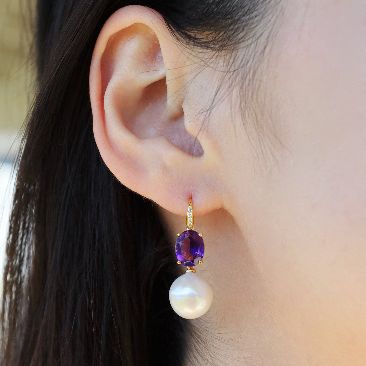 Radiant Oval Amethyst Diamond Pearl Convertible Drop Earrings