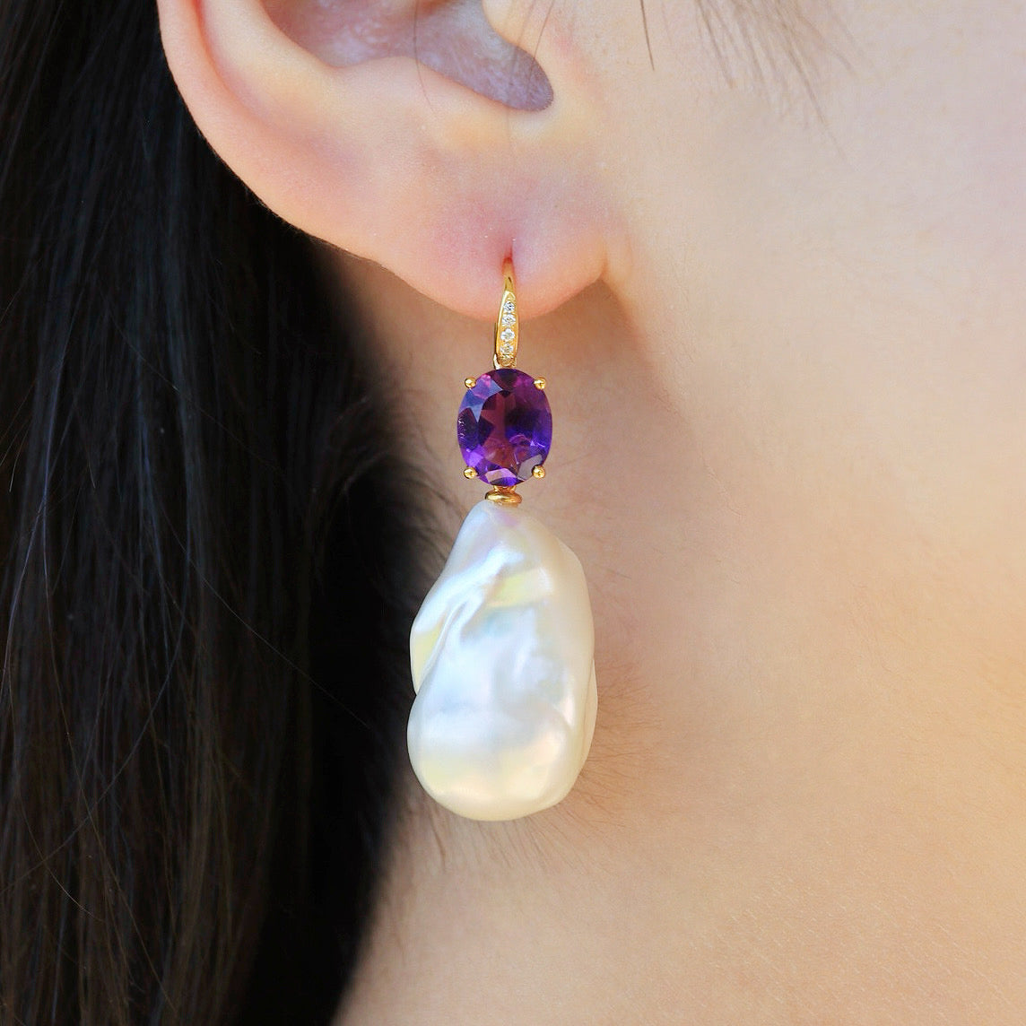 Radiant Oval Amethyst Diamond Baroque Pearl Convertible Drop Earrings