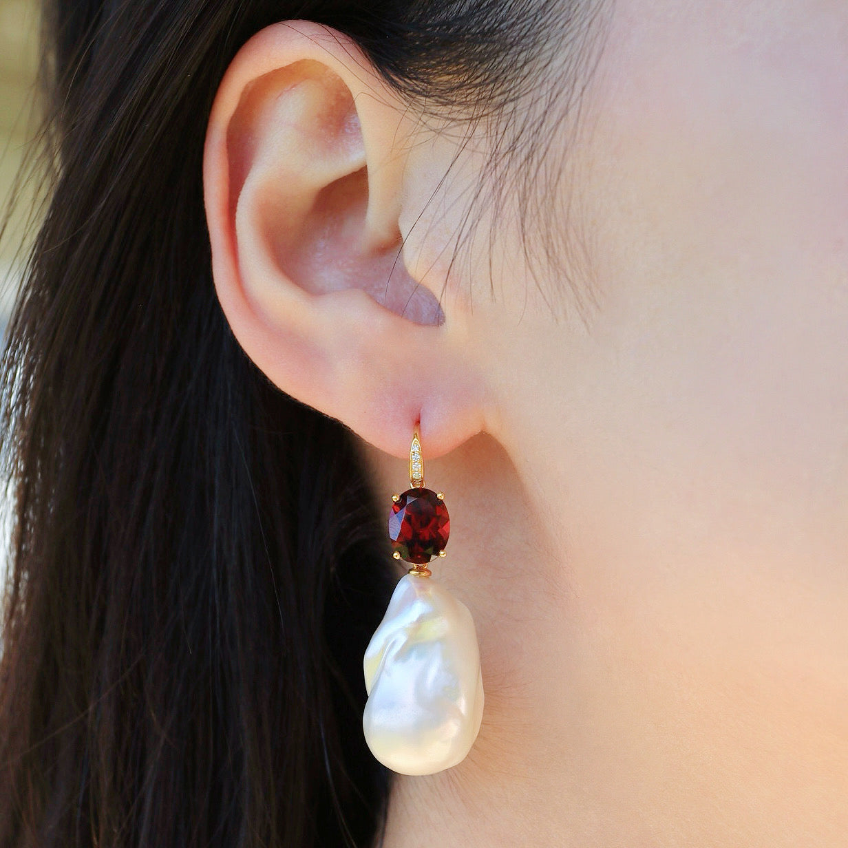 Radiant Oval Garnet Diamond Baroque Pearl Convertible Drop Earrings