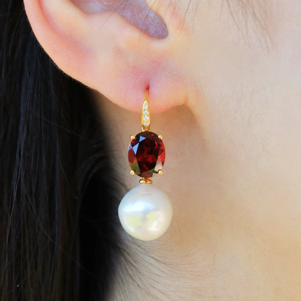 Radiant Oval Garnet Diamond Pearl Convertible Drop Earrings