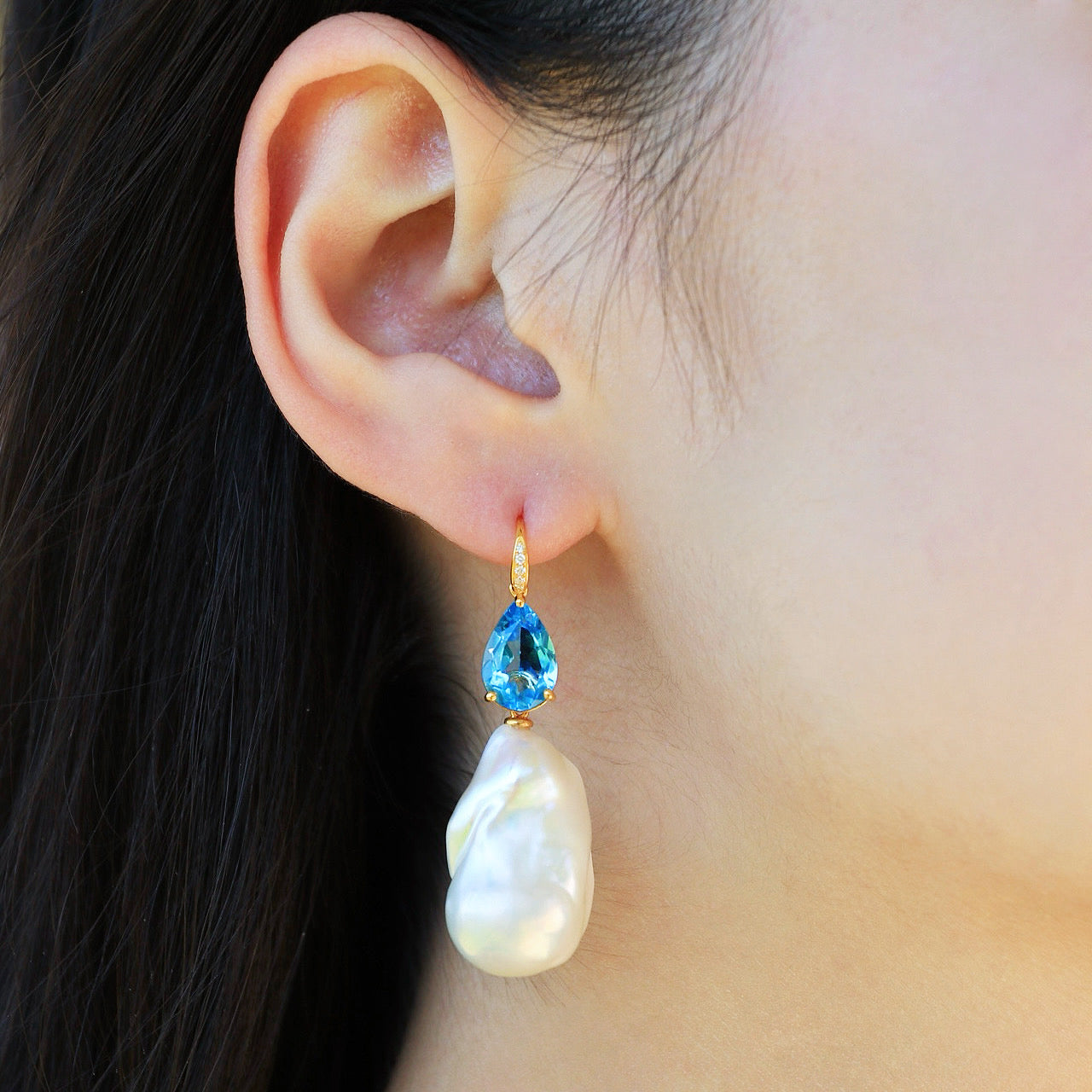 Radiant Pear Topaz Diamond Baroque Pearl Convertible Drop Earrings