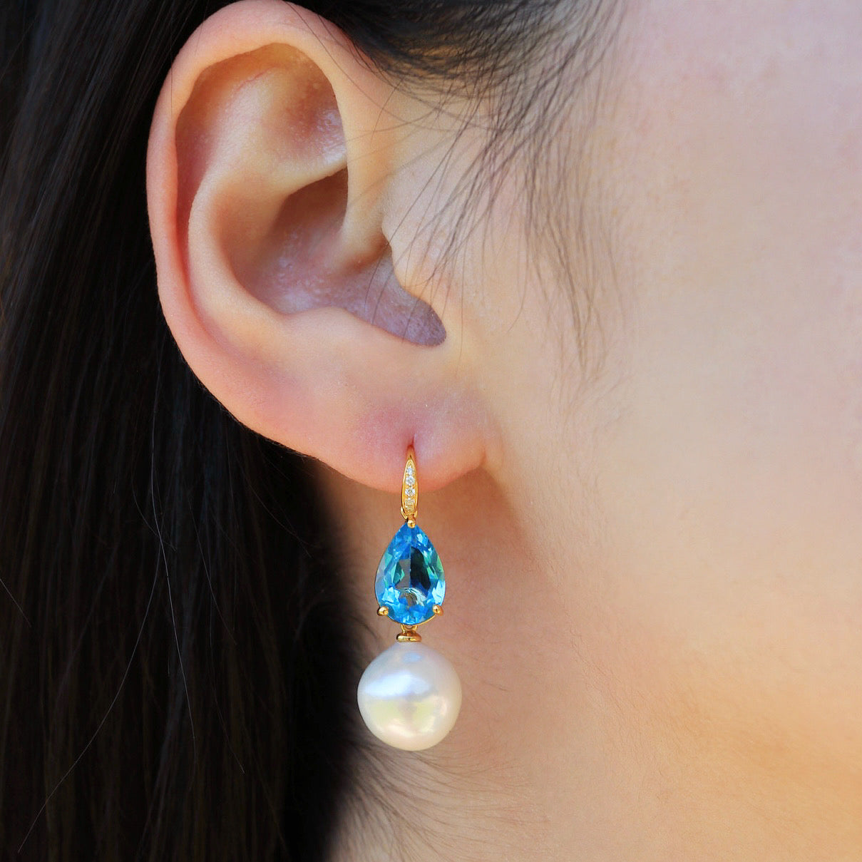 Radiant Pear Topaz Diamond Pearl Convertible Drop Earrings