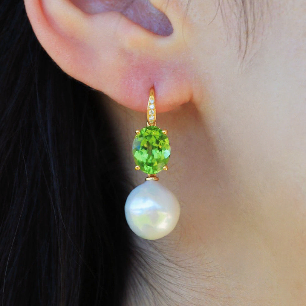 Radiant Oval Peridot Diamond Pearl Convertible Drop Earrings