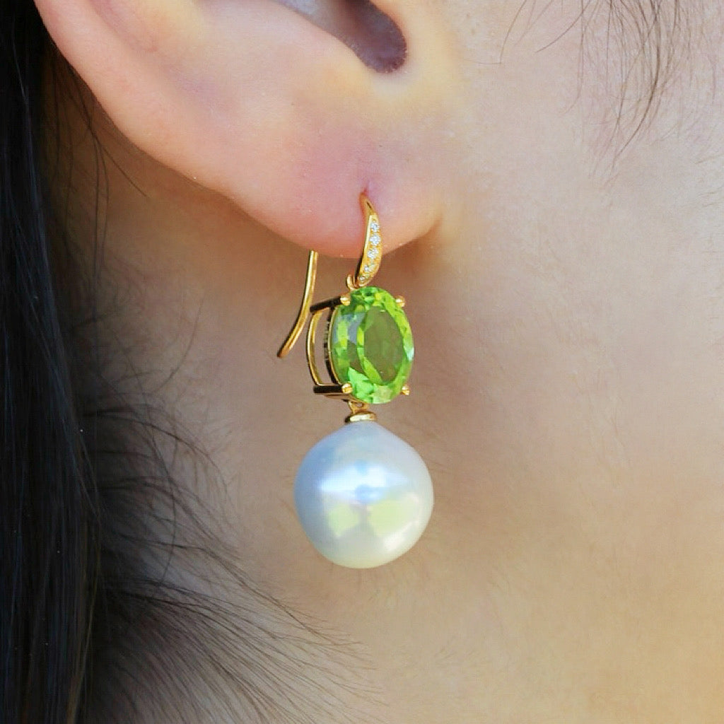 Radiant Oval Peridot Diamond Pearl Convertible Drop Earrings