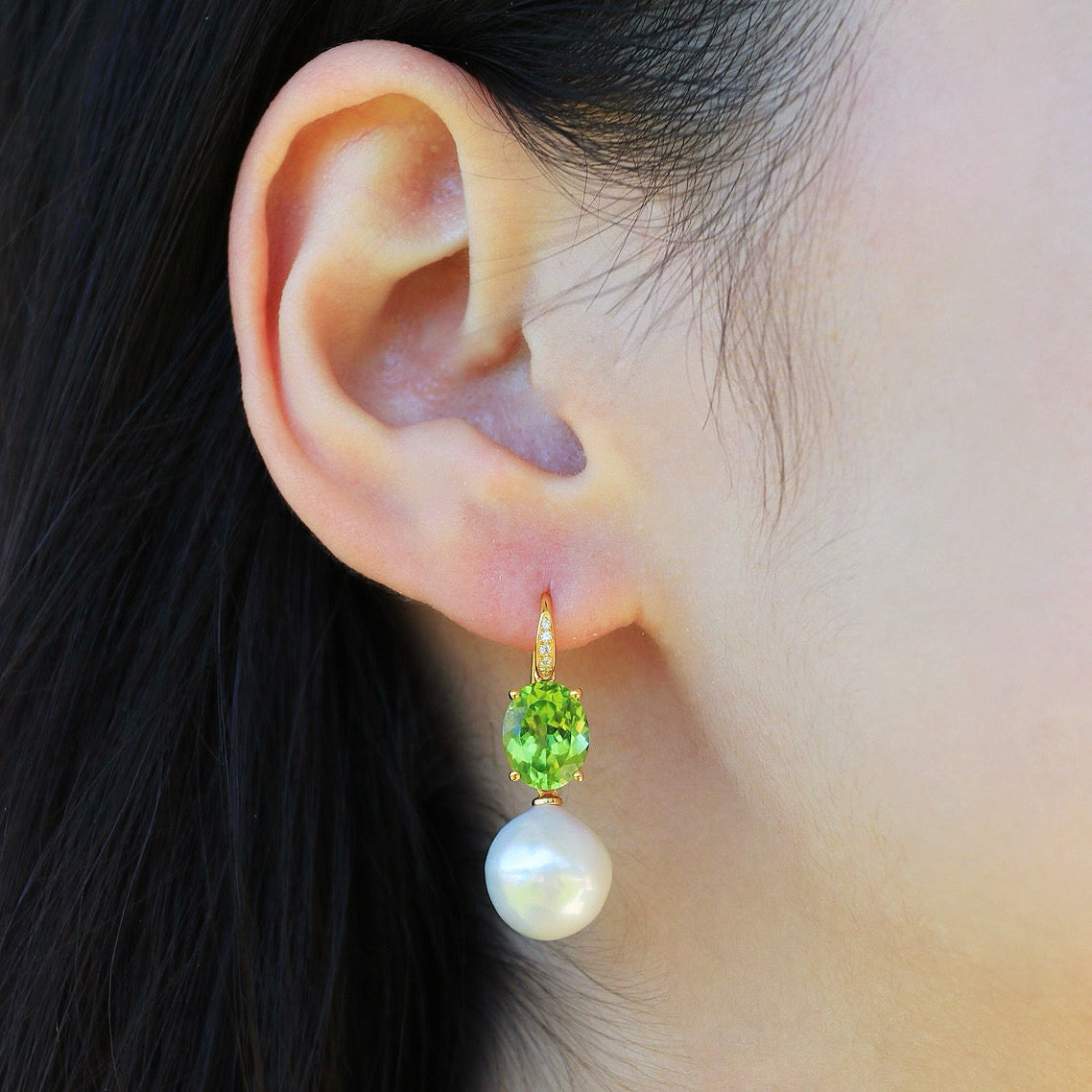 Radiant Oval Peridot Diamond Pearl Convertible Drop Earrings