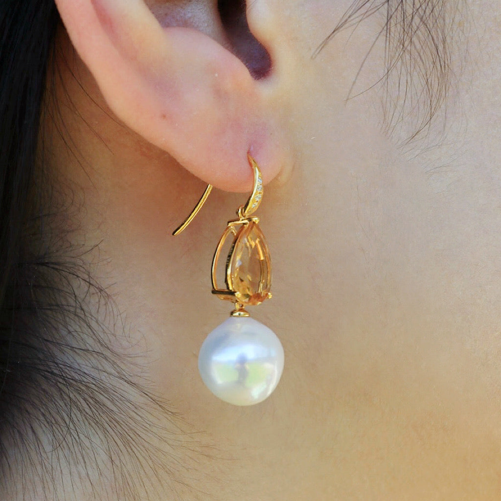 Radiant Pear Citrine Diamond Pearl Convertible Drop Earrings