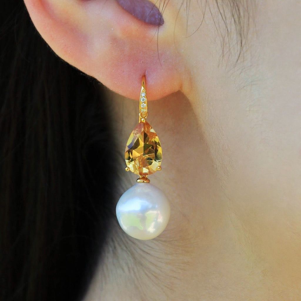 Radiant Pear Citrine Diamond Pearl Convertible Drop Earrings