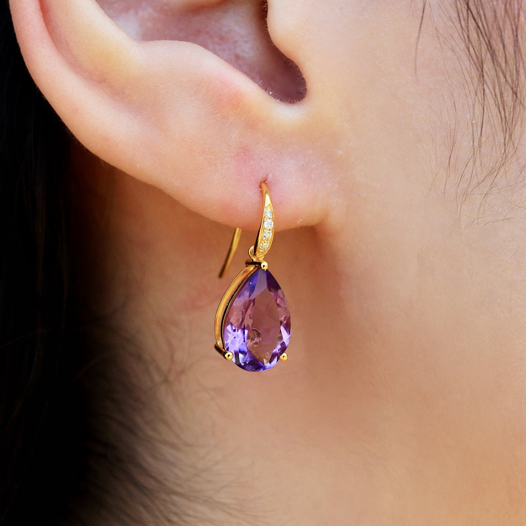Radiant Pear Amethyst Diamond Baroque Pearl Convertible Drop Earrings