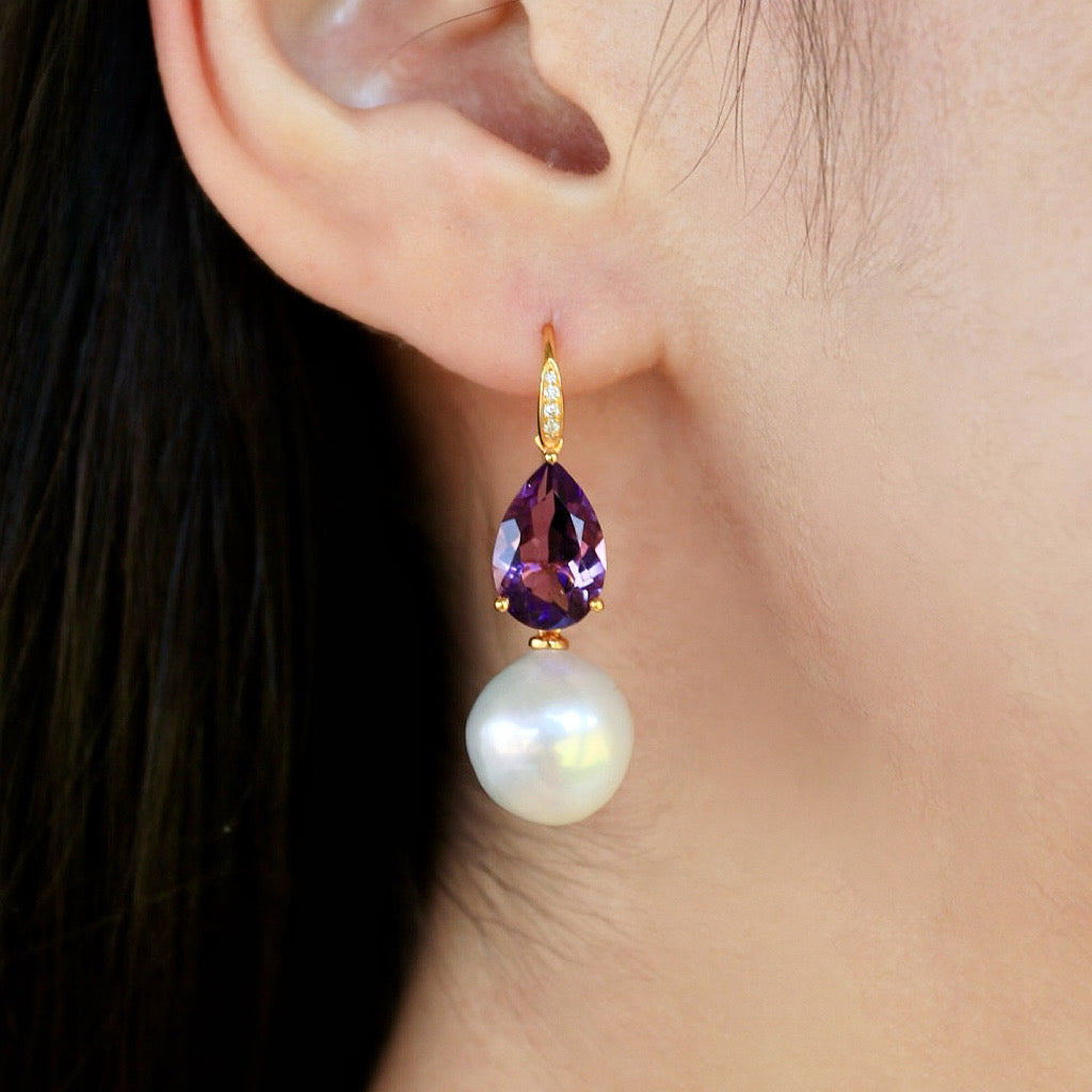 Radiant Pear Amethyst Diamond Pearl Convertible Drop Earrings